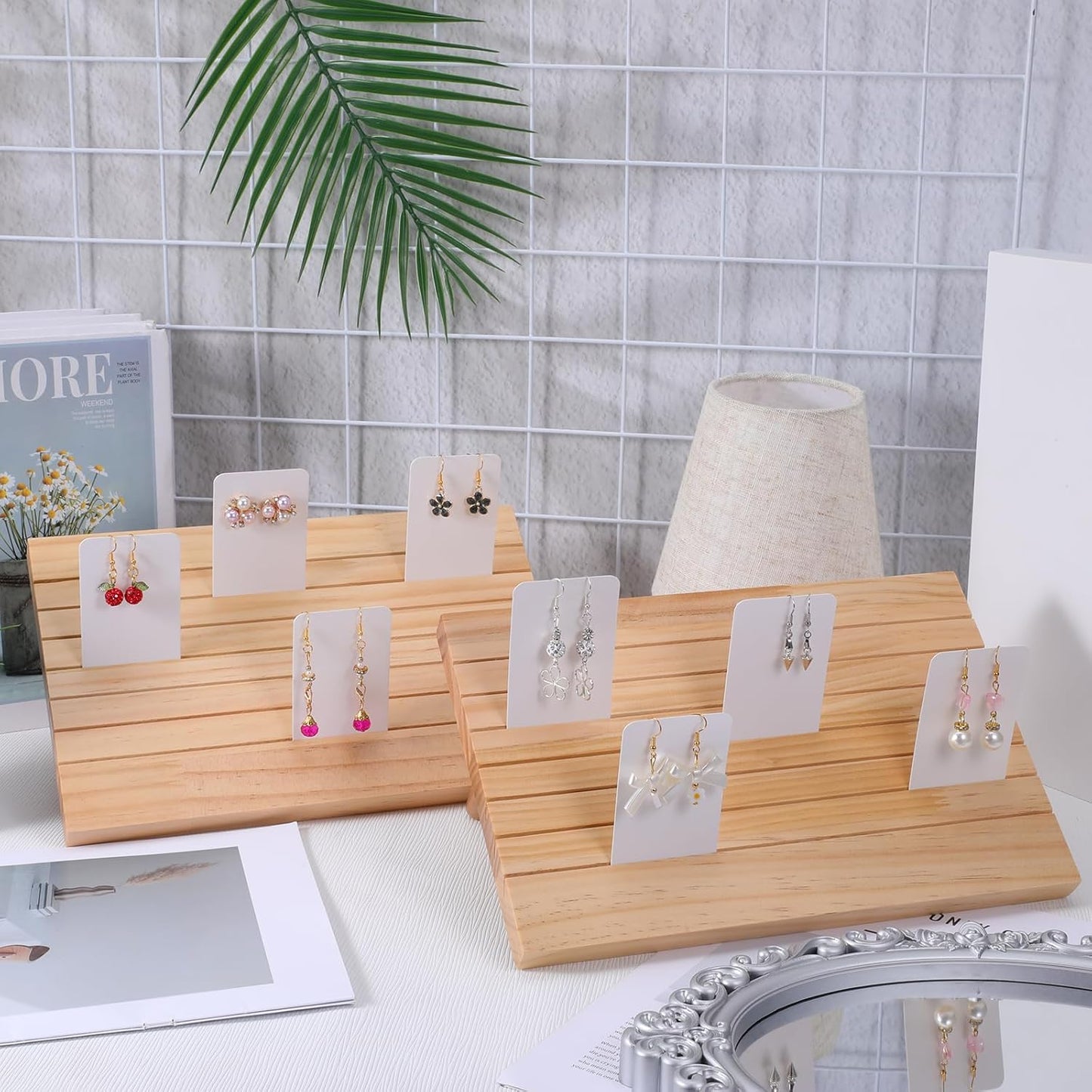 2 Pcs Natural Wood Earring Display Stands with 60 Pcs Earrings Display Cards, 7 Slots Wood Earrings Card Holder, Jewelry Displays Holder with Earring Cards, Jewelry Stands for Selling