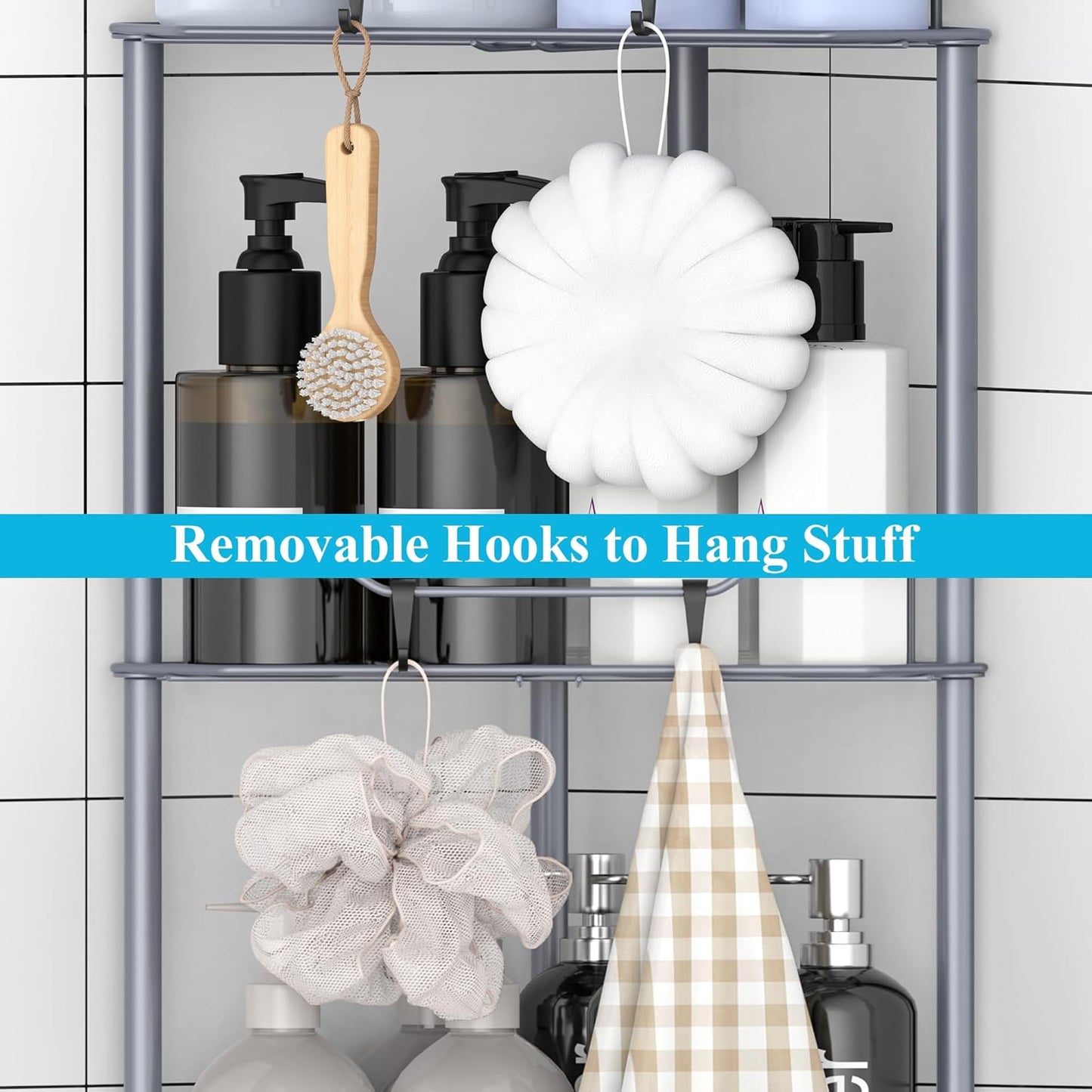 5 Tier Floor Standing Corner Shower Caddy Organizer Shelf with Hooks, Bathroom Shelves Stand Rack, Dark Gray
