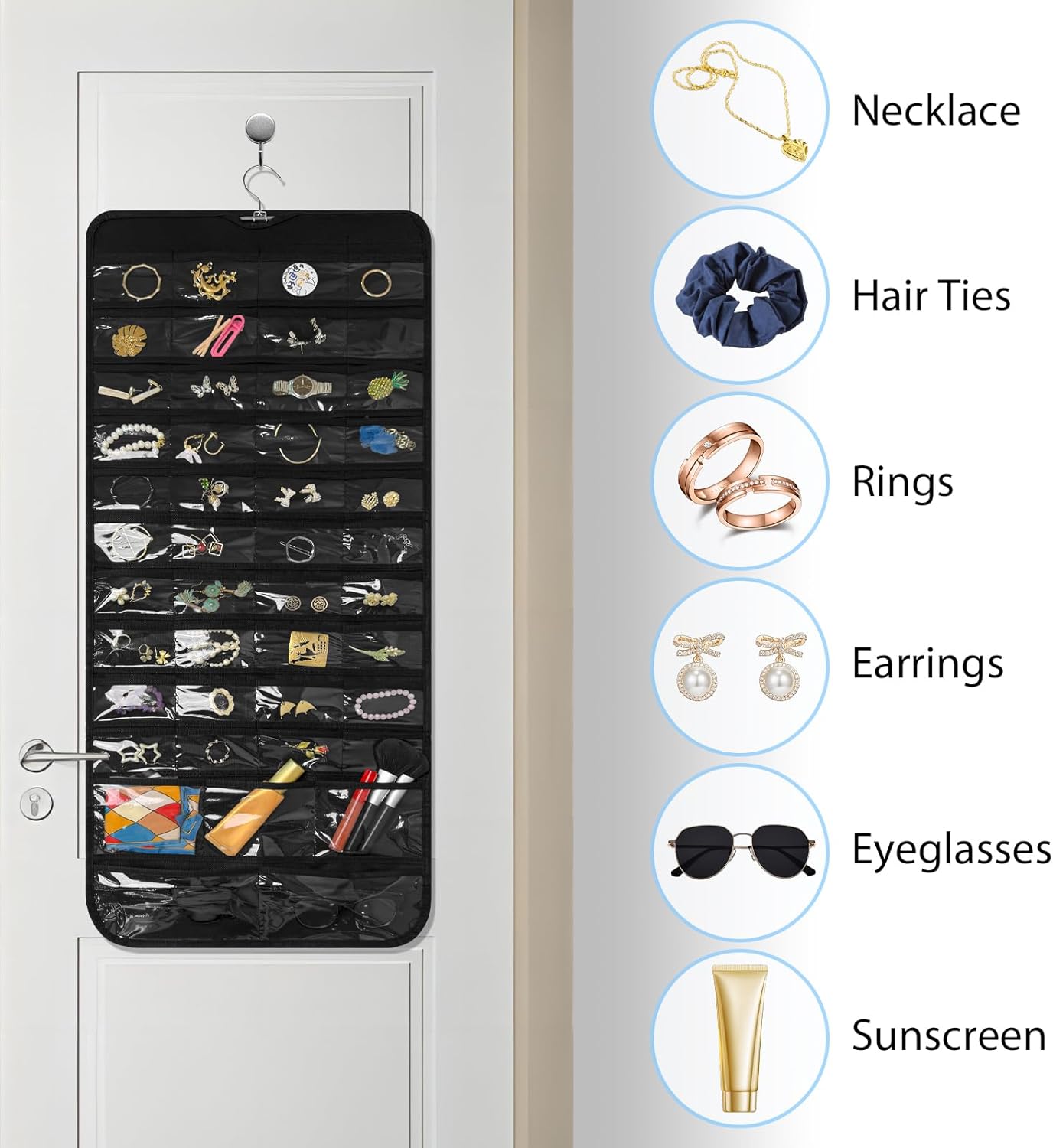 Bloss Hanging Jewelry Organizer With 90 Pockets,Earring Holder Organizer Storage For Valentine's Day Gift,Double-Sided Jewelry Holder for Earrings, Necklaces, Rings on Closet,Wall,Door(Black)