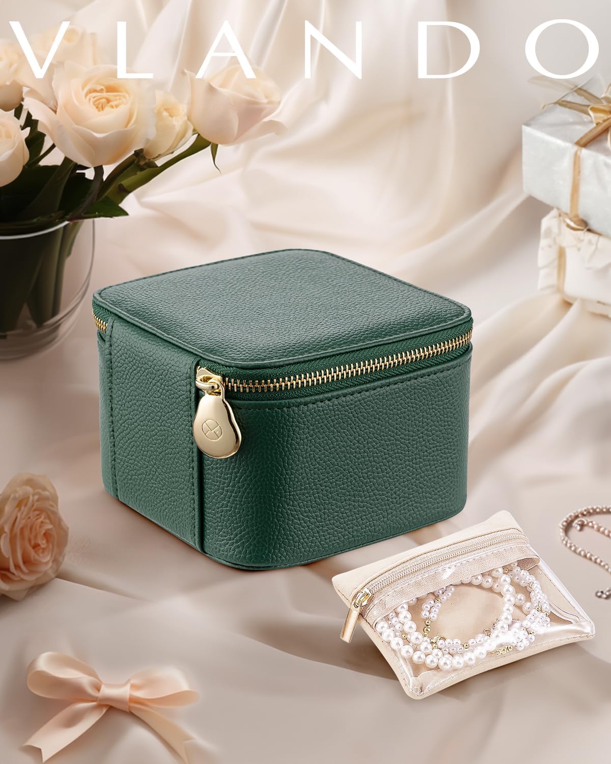 Vlando Gifts for Teachers,Travel Jewelry Box with 6 Velvet Jewelry Zipper Pockets Jewelry Case Premium Petal Hardware Travel Jewelry Organizer Graduation Gifts (Green)