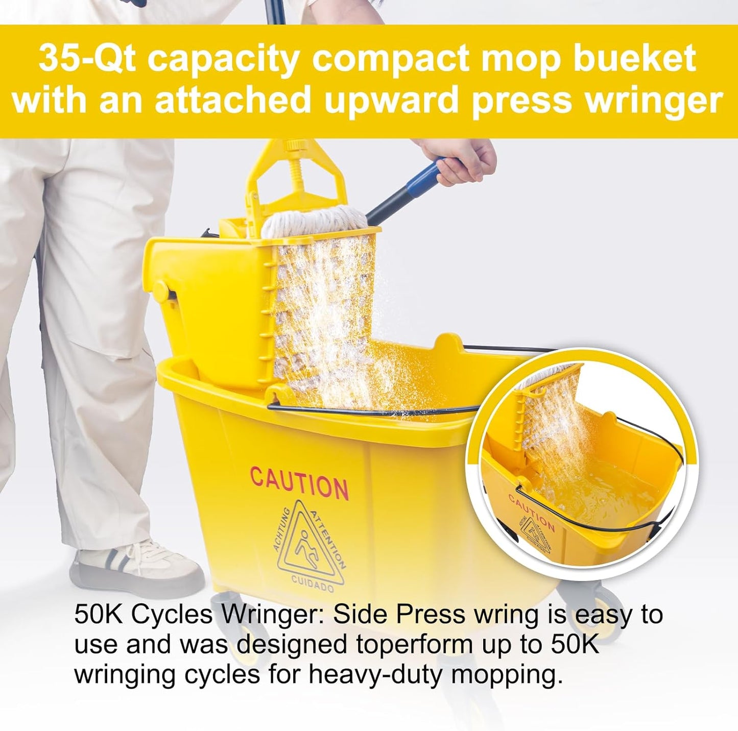 Kefanta 35 Qt Side Press Wringer Combo Commercial Mop Bucket on Wheels Set,Yellow,Include 1 Heavy Duty Industrial Mop for Floor Cleaning and Wet Floor Caution Sign