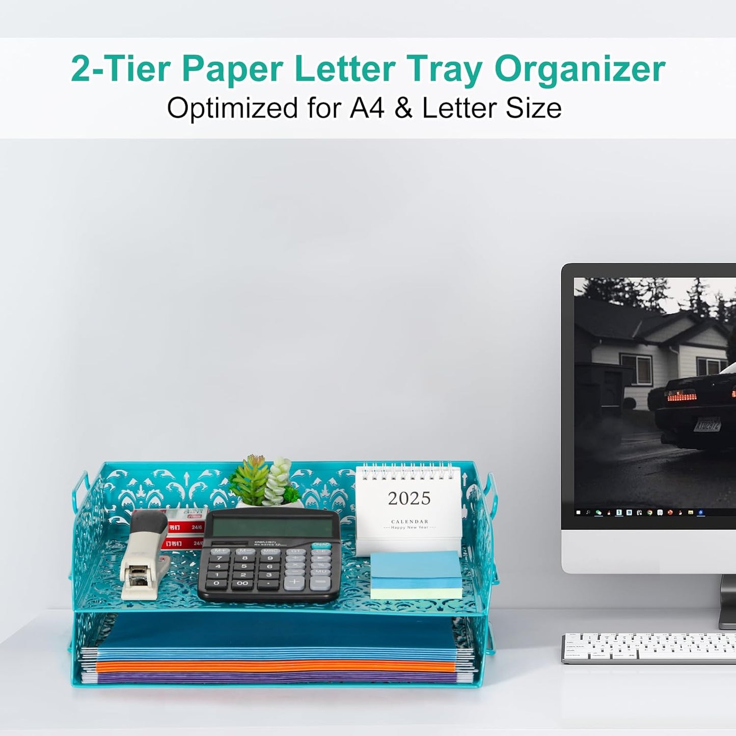 EasyPAG Paper Organizer for Desk 2 Tier Stackable Paper Tray for A4 Legal Size Folders Metal File Storage Desktop Organizer for Home Office School Teacher, Dark Teal