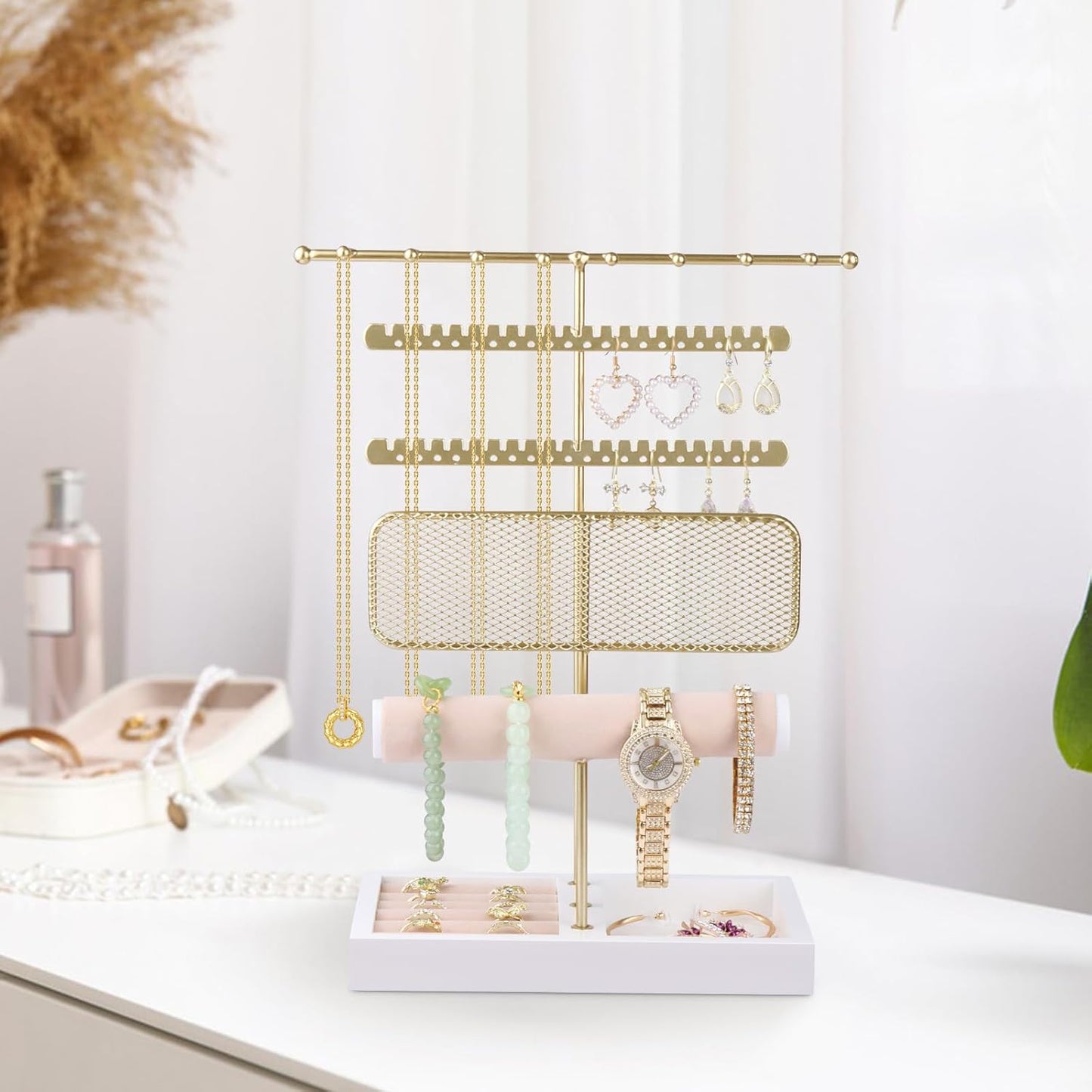 Hyber&Cara 3 Tier Jewelry Display Stand with Tray Jewelry Organizer Gold Jewelry Holder Stand for Bracelet Necklace Earrings Rings