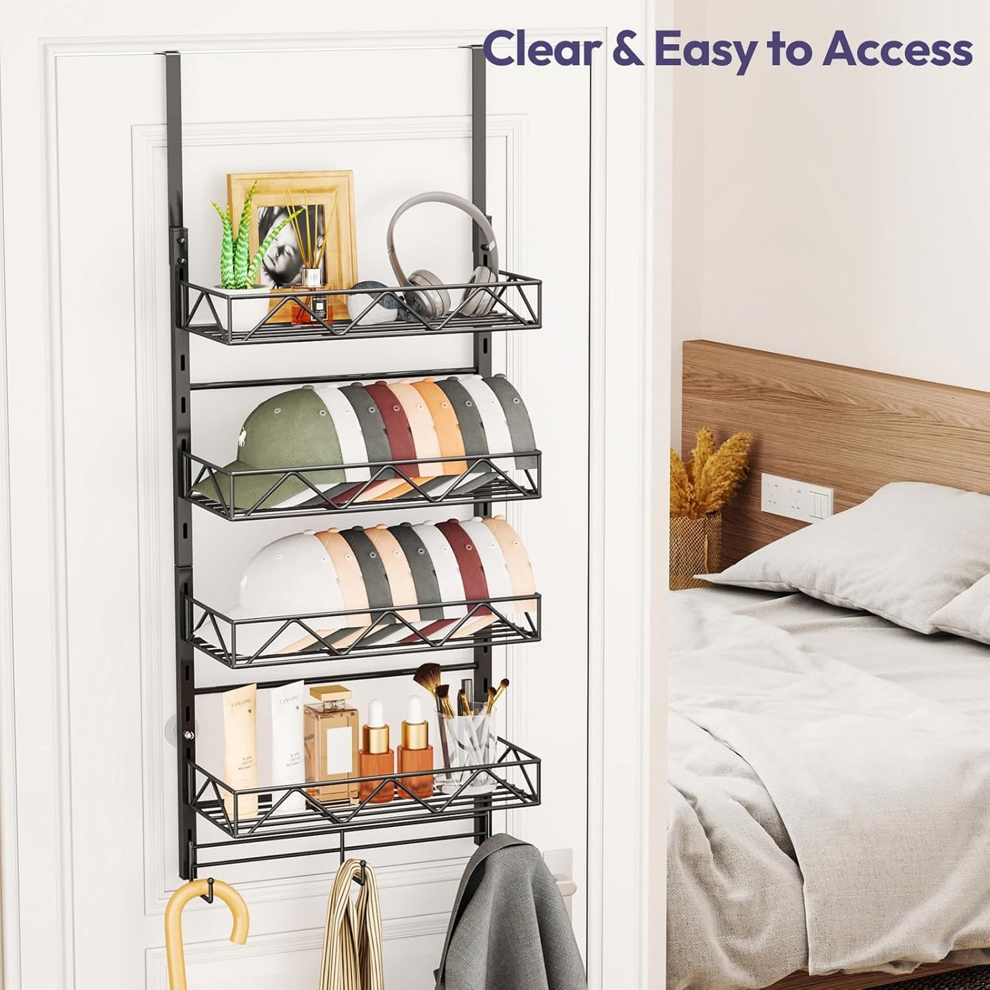 SWTYMIKI Over Door Hat Organizer - 5 Tier Wall Mounted Hat Rack with 4 Adjustable Metal Basket and 3 Hooks, Hanging Baseball Cap Organizer Storage Holds up to 49 Caps for Door, Bedroom, Closet