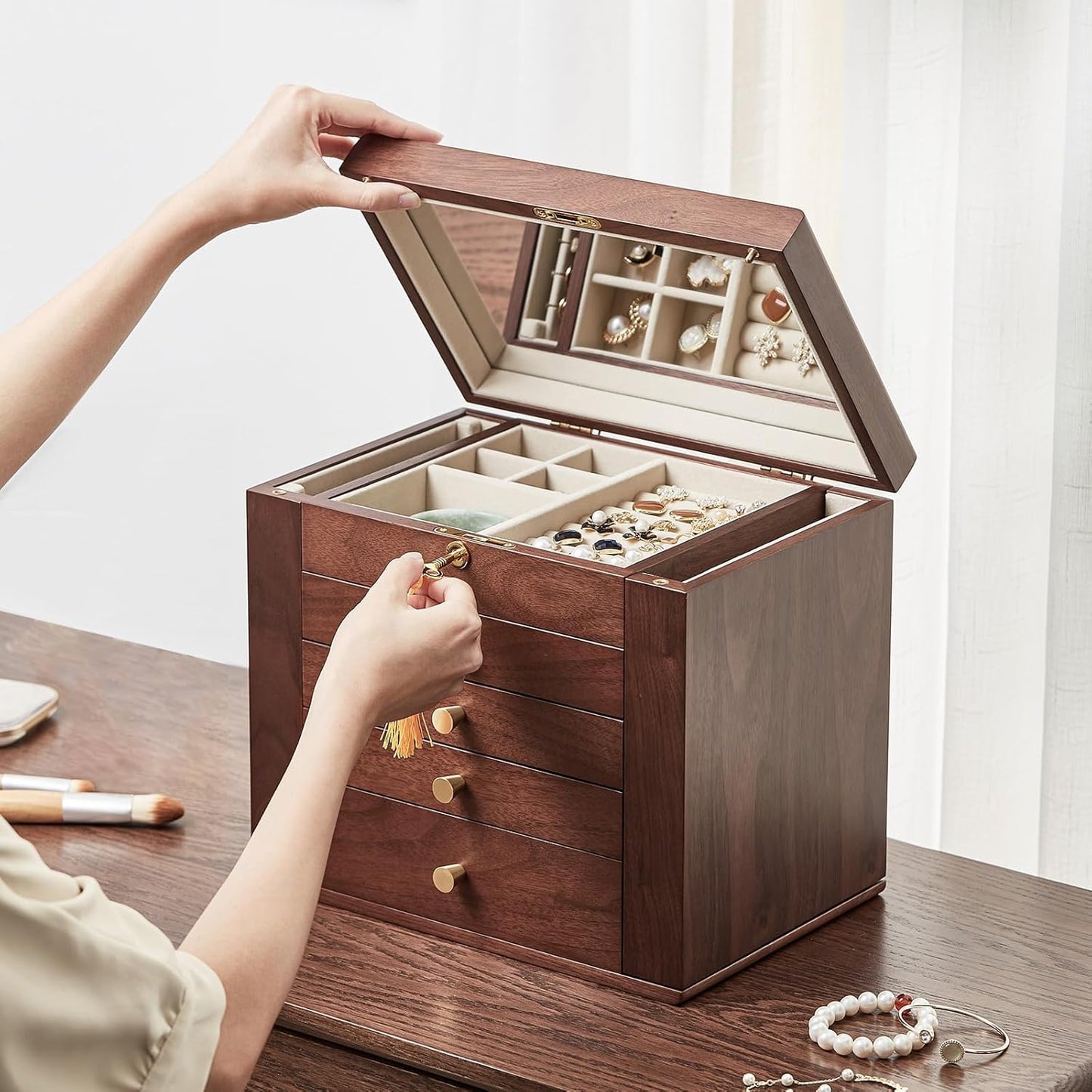 Black Walnut Wooden Jewelry Box, Wood Jewelry Organizer with 2 Side Doors Mirror Lockable Classical Style for Watch Necklace Ring Earring Storage Christmas Gifts-5 Layer