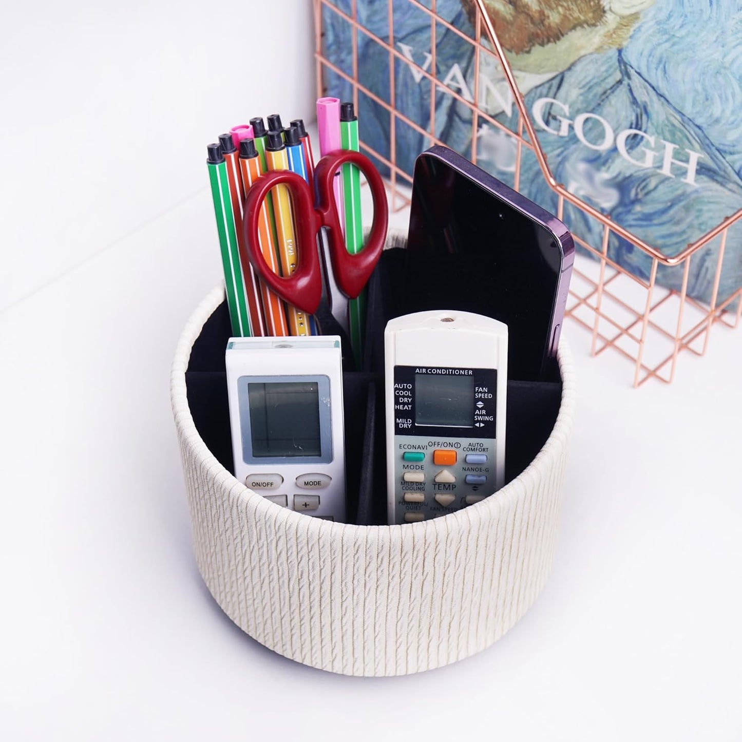 Round Leather Art Supply Organizer,Remote Control Holder,360 Degree Spinning,Multi-Functional Pencil Holder,4 Compartments Desktop Stationary Organizer(1-Wood Beige)