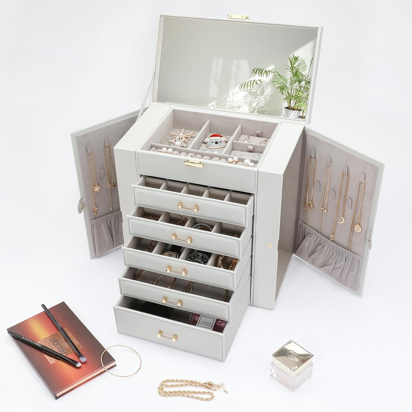 Large Jewelry Box, Jewelry Boxes for Women Large Jewelry Organizers and Storage, Jewelry Organizer for Rings Earrings Necklaces Glasses Bracelets Watches, Grey