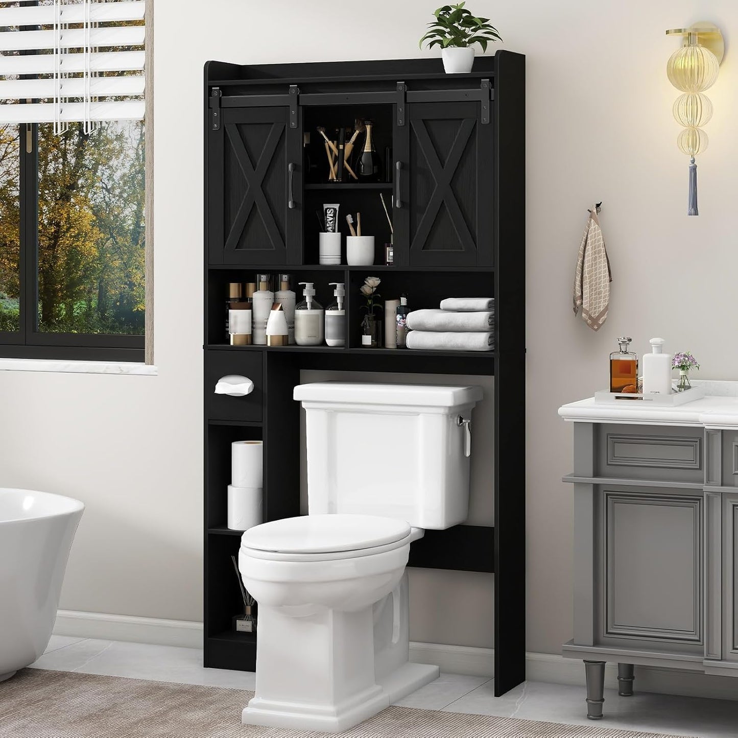 Vabches Over The Toilet Storage Cabinet, Farmhouse Storage Cabinet Over Toilet with Sliding Doors & Toilet Paper Holder Stand,Home Space-Saving Toilet Rack, for Bathroom, Laundry and Restroom.Black