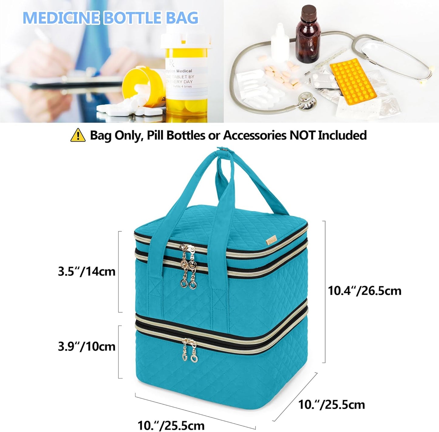 Yarwo Pill Bottle Organizer Storage Bag, 3 Layers Medicine Travel Case Empty with Demountable Design and Dividers for Pills, Potions, Vitamins and Emergency First Aid Supplies, Teal (PATENT DESIGN)