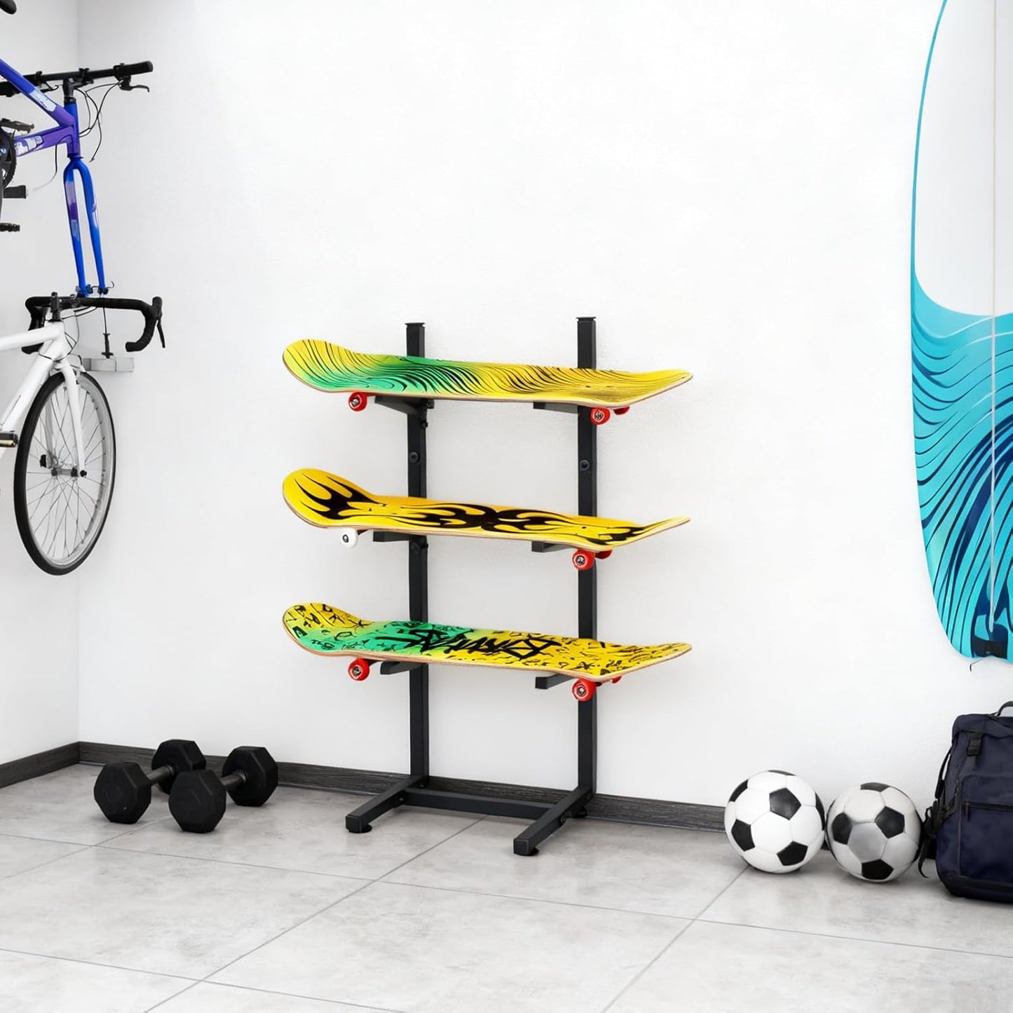 Skateboard Rack, 3-Layer Skateboard Stand, Snowboard Wall Mount, Skateboard Holder Floor for Deck,Longboard,Snowboard, Standard Skateboards, Mini Cruiser Skateboard