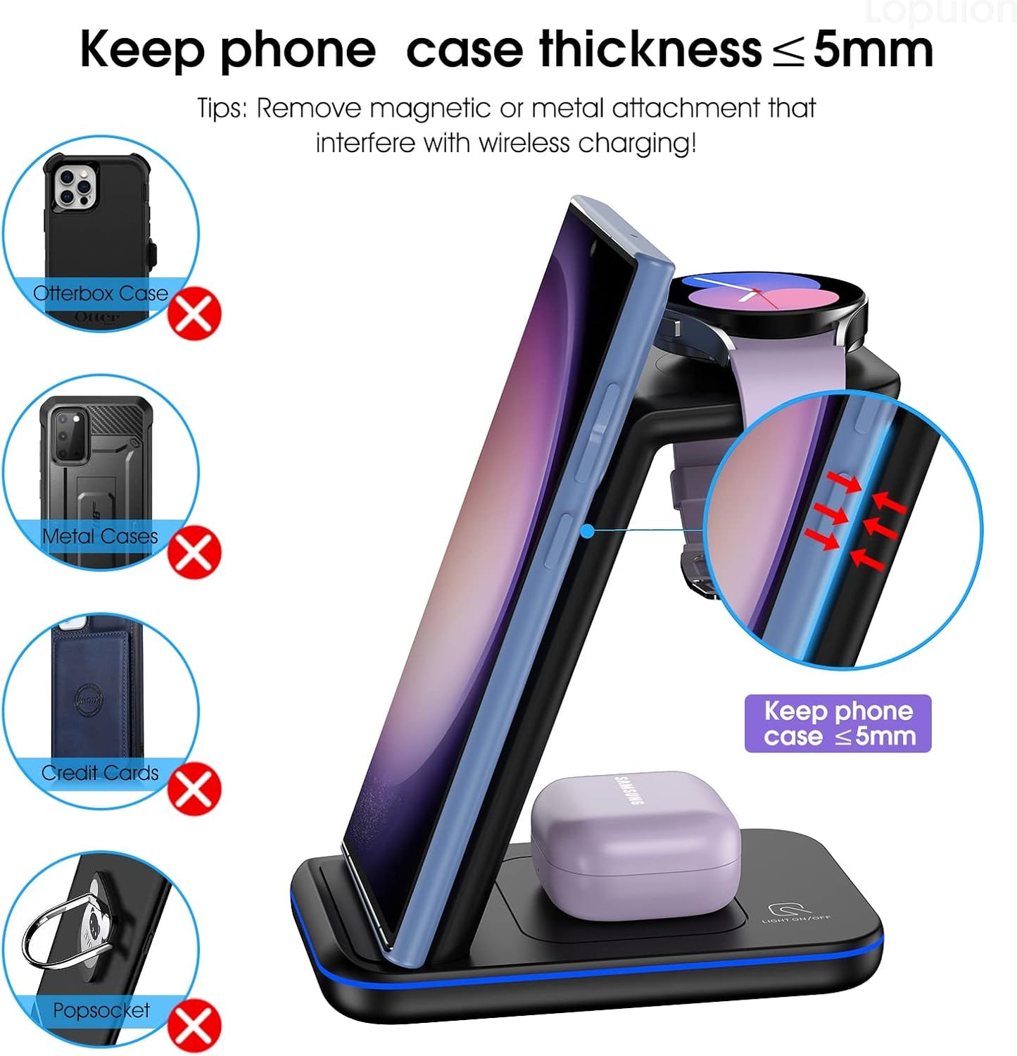 Wireless Charging Station for Samsung/Android, Fast Wireless Watch Charger Station Compatible for Samsung Galaxy S25 Ultra/S24/S23+/Z Flip 7/6 Fold 7/6, Watch8/7/Pro/Active 2 Galaxy Buds3/2 Pro(Black)