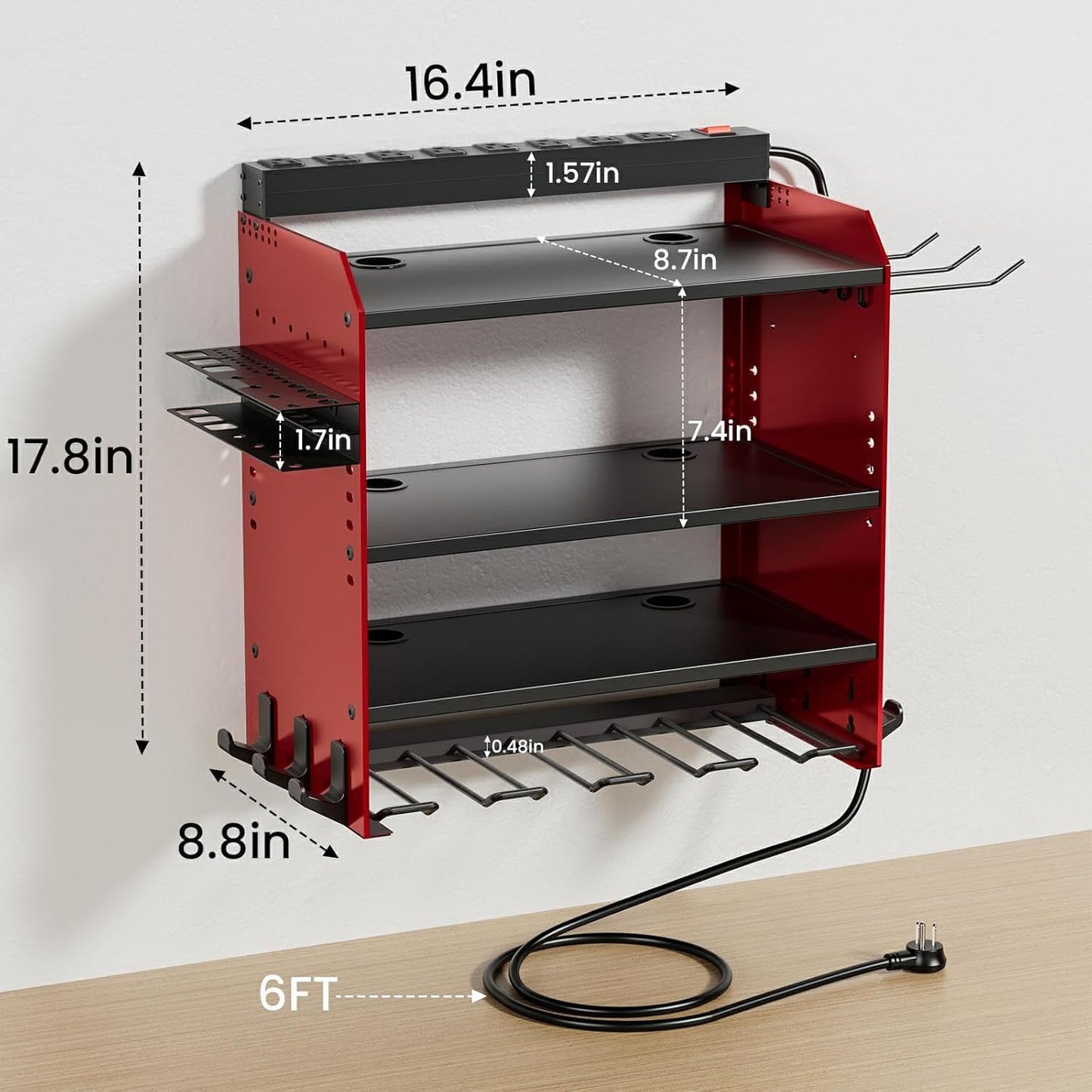 Power Tool Organizer Wall Mount with Charging Station, Garage 4 Drill Storage Shelf with Cordless Tool Holder, Heavy Duty Rack with 8 Outlet Power Strips and Hooks, Gift for Men, Husband (4 Layer)