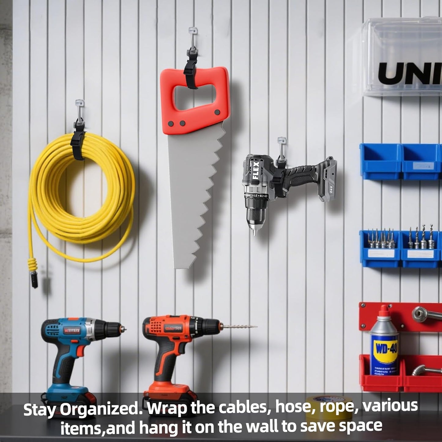 17 Inch Extension Cord Holder Organizer with Triangle Clips for Garage Organization and Storage, Adjustable Heavy Duty Storage Straps for Men Workshop (6)