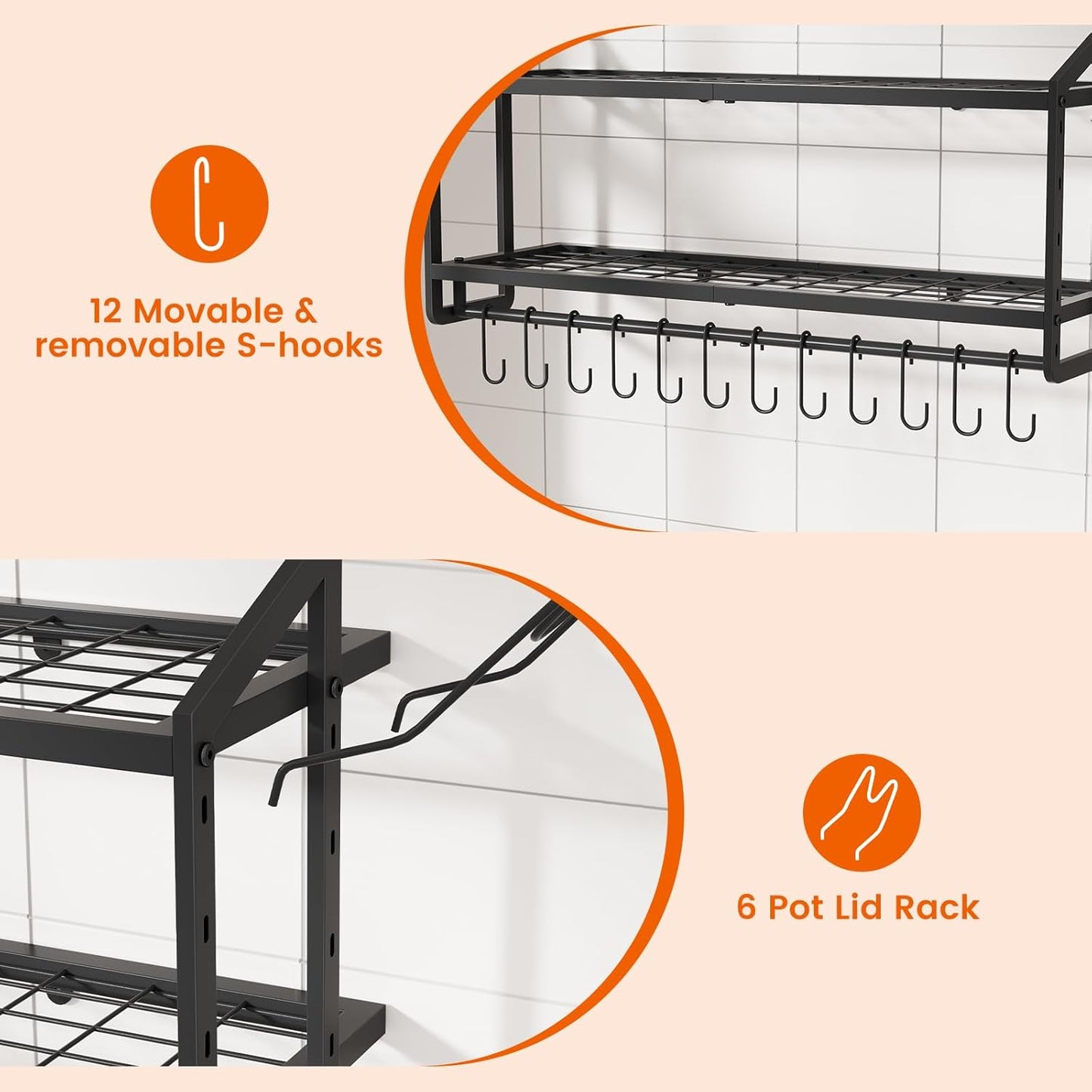 VOPEAK 30" Pot Rack Wall Mounted with 6 Detachable Pot Lid Holders,12 Adjustable S Hooks for Hanging Pans,2 Tier Black Heavy Duty Metal Shelves for pots and pans Organizer,200lbs Capcity,Space Saving