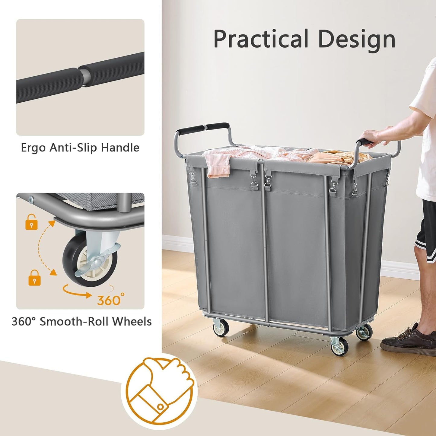Large Laundry Hamper with Wheels, 360L Rolling Big Laundry Basket for Clothes Storage, Heavy Duty Extra Large Rolling Laundry Cart with Handle, Steel Frame, Waterproof Liner,95.1 Gallons,Grey