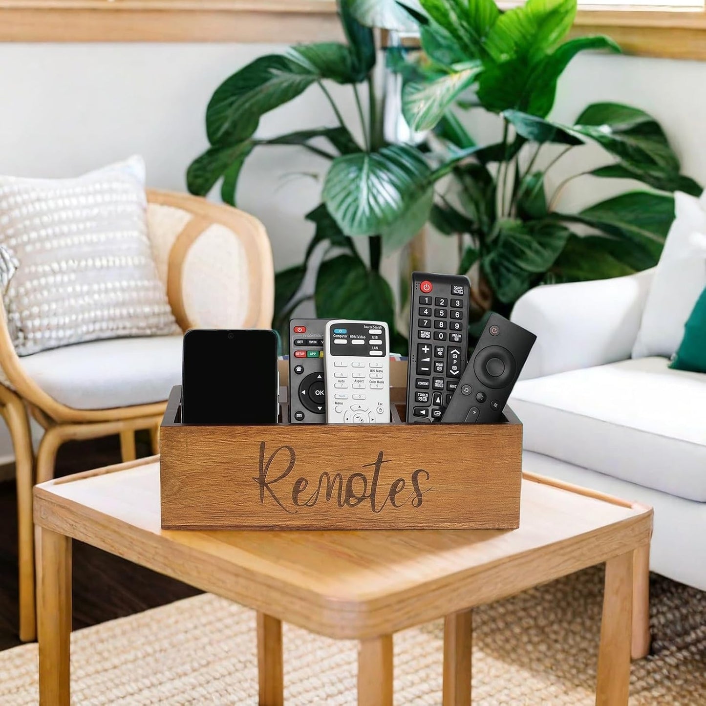 Acacia Wood Remote Control Holder Caddy, TV Organizer for Table, Vintage Farmhouse Desk Caddy (Brown-for 6+ Controls)