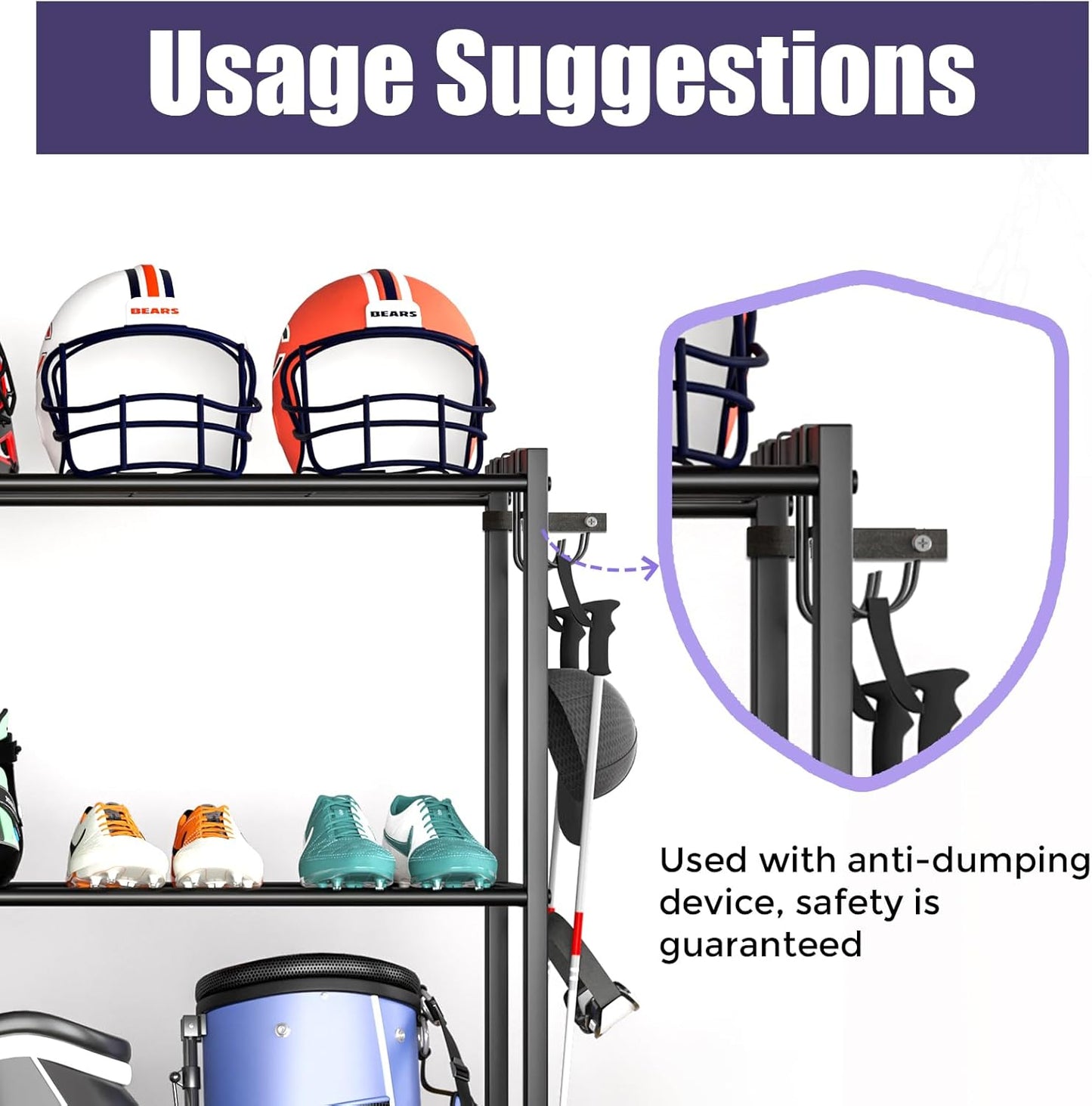 Sports Equipment Organizer, Heavy Duty Golf Bags Stand, Extra Large Ball Storage Rack for Garage