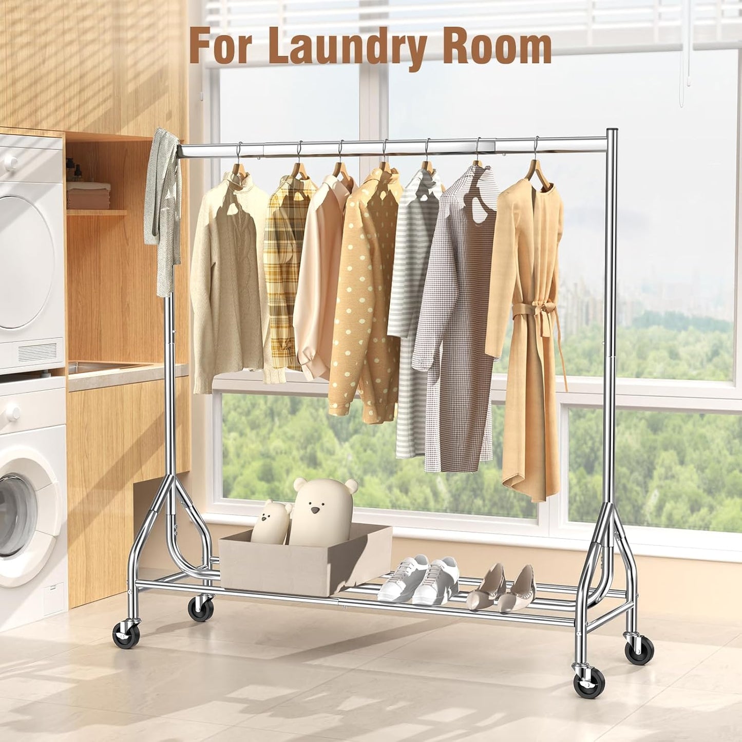 EAGMAK Heavy Duty Clothes Rack Load 420 LBS, Rolling Garment Rack with Lockable Wheels, Standing Metal Clothing Rack, Portable Wardrobe Sturdy Coat Rack for Hanging Clothes (Silver, 59″×18.9″×63″)