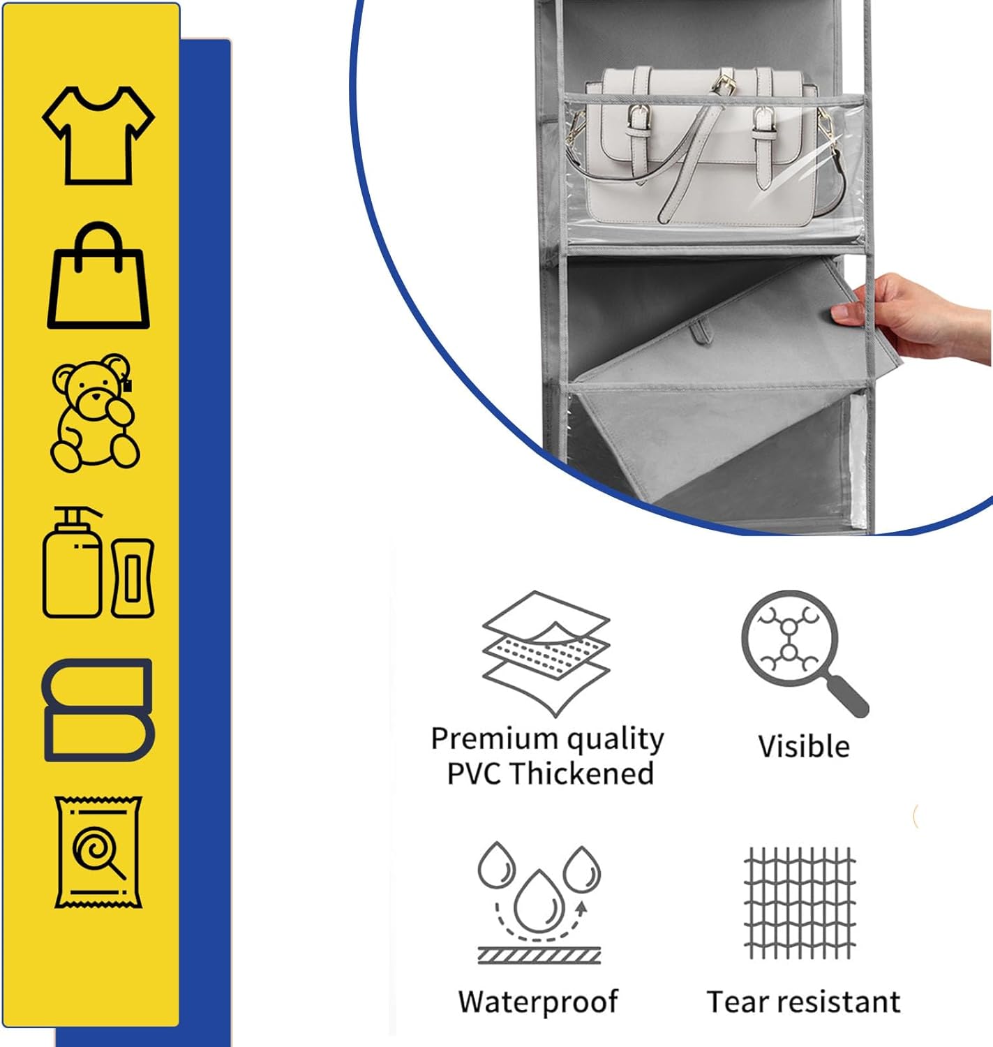 2 Packs Over The Door Organizer - 6-Shelf Hanging Storage Organizer with Clear Plastic Pockets - Large Capacity Pantry Storage Shelf for Bathroom, Bedroom, Nursery (Grey)