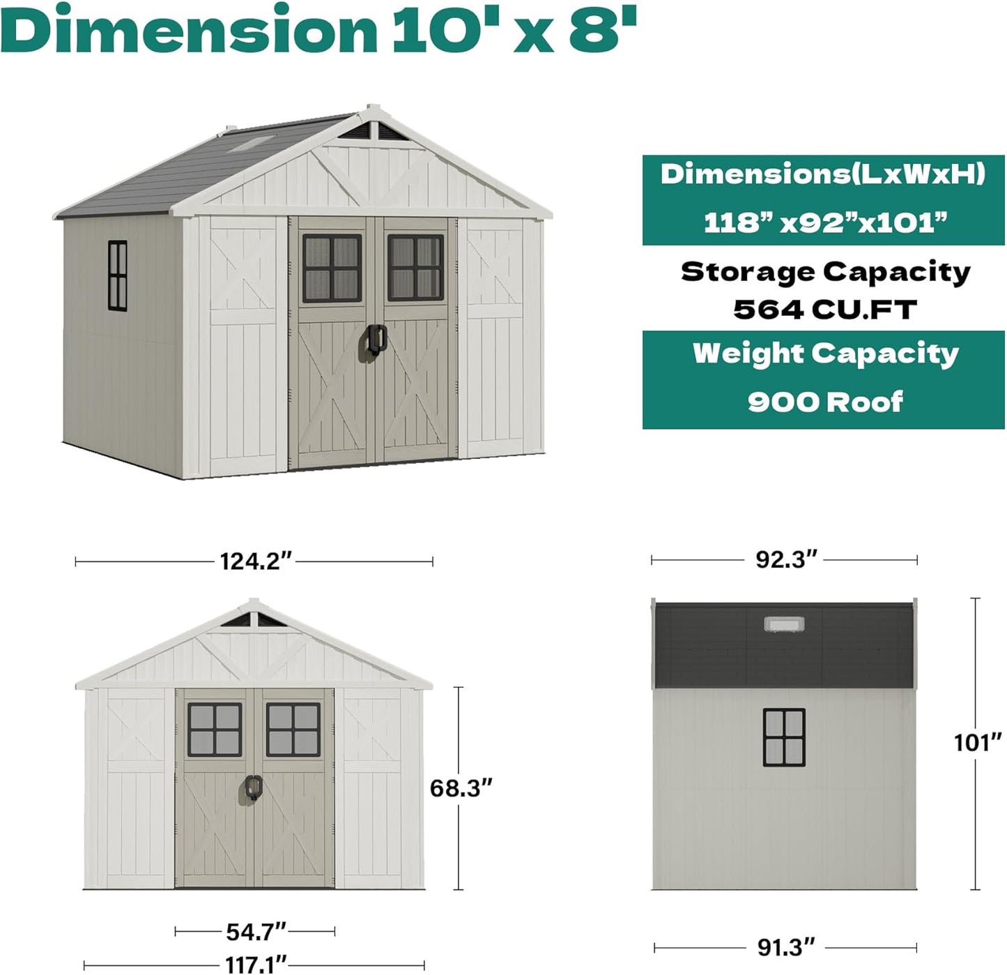 Devoko 10x8 FT Resin Outdoor Storage Shed with Floor, Plastic Tool Garden Shed with Windows & Lockable Door, Outside Large Storage Shed for Patio Backyard Lawn, Beige