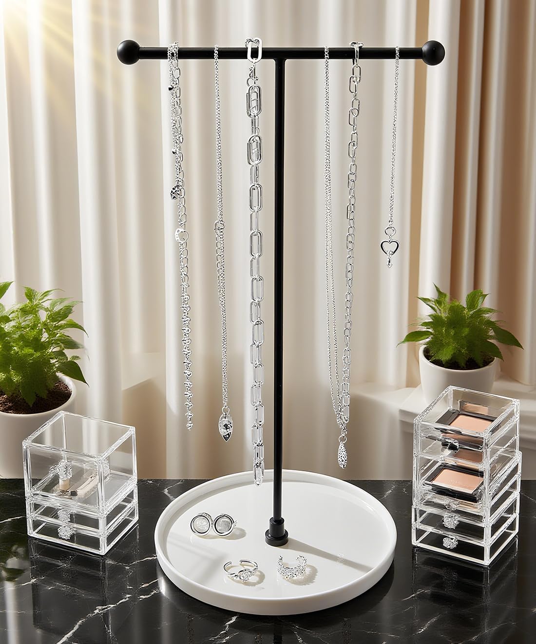 VROOMIUM Necklace Holder Stand - 6in Ceramic Base X 1ft Height, Aesthetic Decor for Bedroom, Jewelry Organizer for Necklace, Bracelets, Rings, Exhibidor de Collares- Chic White