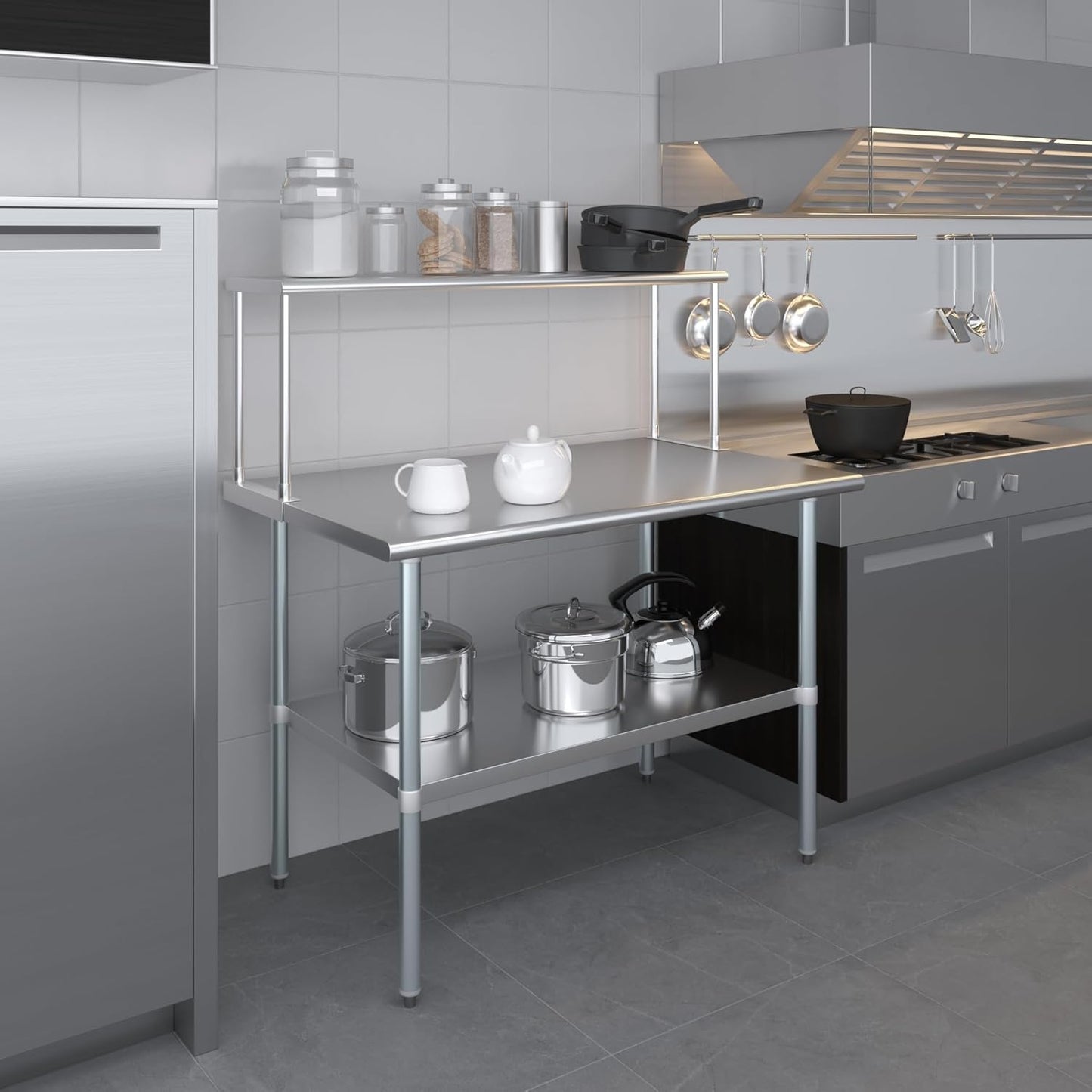 Stainless Steel Work Table with Wide Single Tier Overshelf | Metal Kitchen Prep Table & Shelving Combo (30" x 48" Work Table + 12" Overshelf)