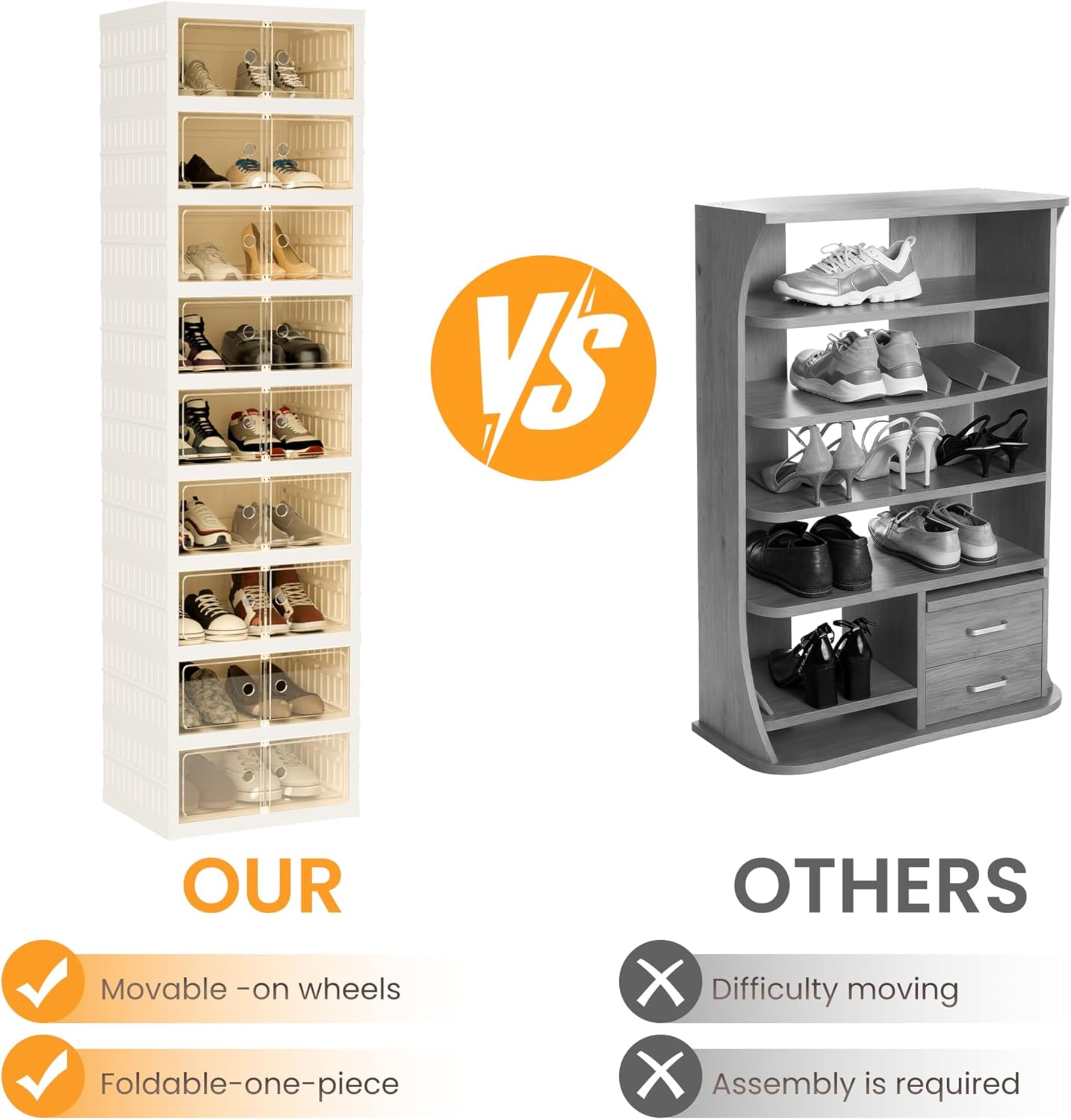 Foldable Shoe Organizer Storage Box Set of 2, Portable Extra Large Folding Shoe Rack for Closet, Shoe Storage Box with Magnetic Transparent Door and Wheels, 9 Layers 18 Grids