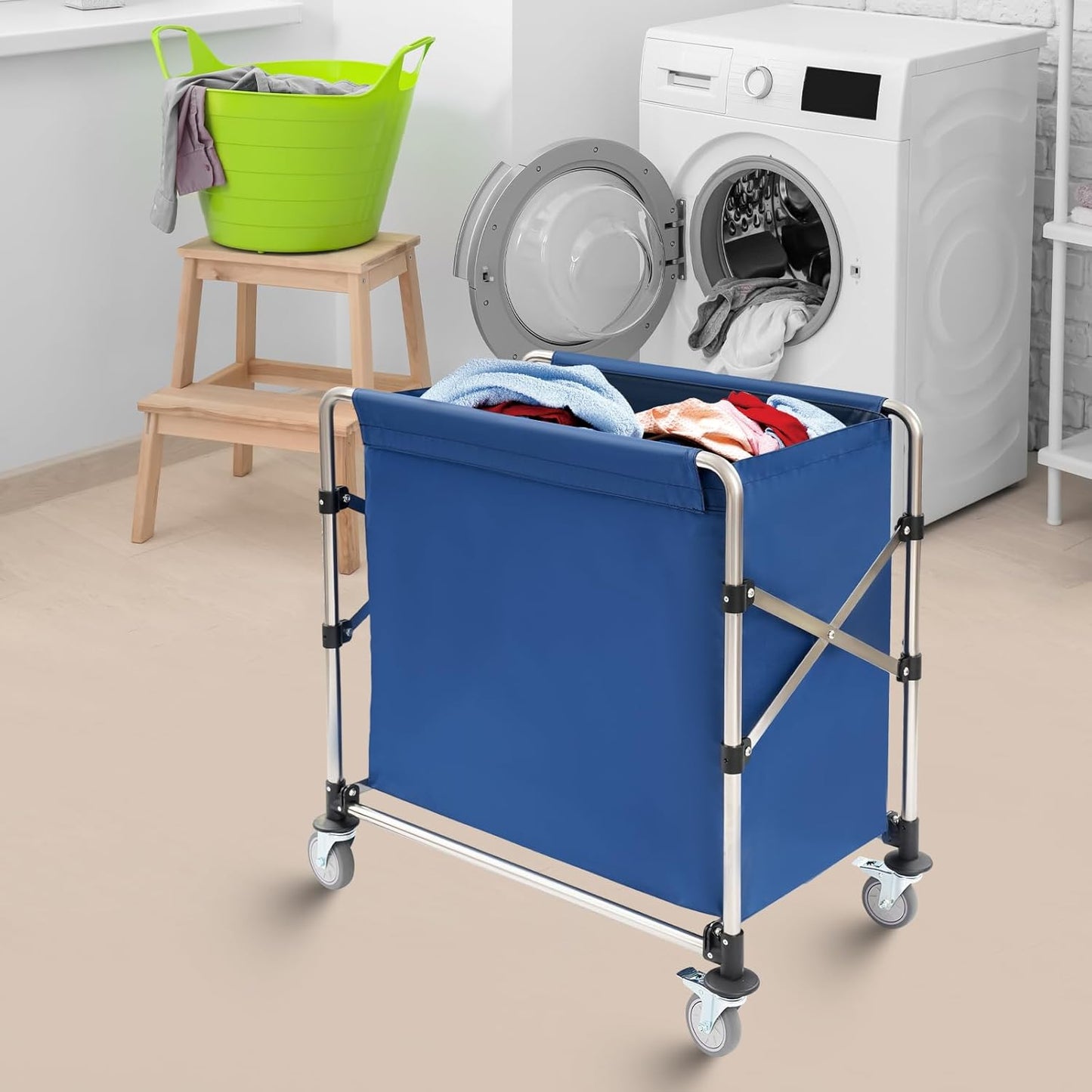Commercial Laundry Cart with Wheels,Folding Laundry Hamper Cart,Heavy Duty Rolling Basket with Large Capacity,Sorter Trolley for Home Hotel Apartment (Blue, 34.25 * 19.7 * 36.22in)