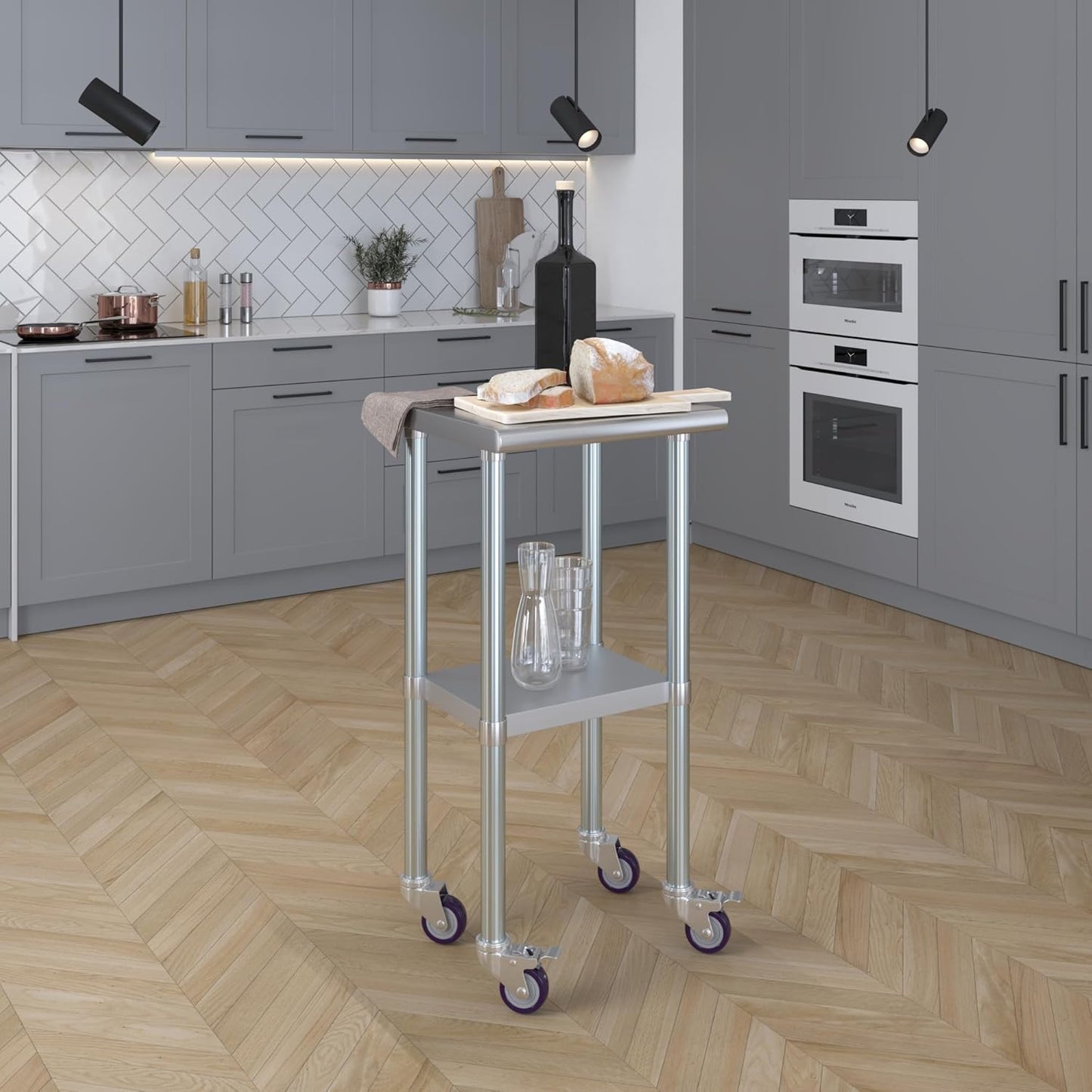 AmGood 18" x 18" Stainless Steel Work Table with Casters | Heavy Duty Metal Utility Table On Wheels | Kitchen Island Cart