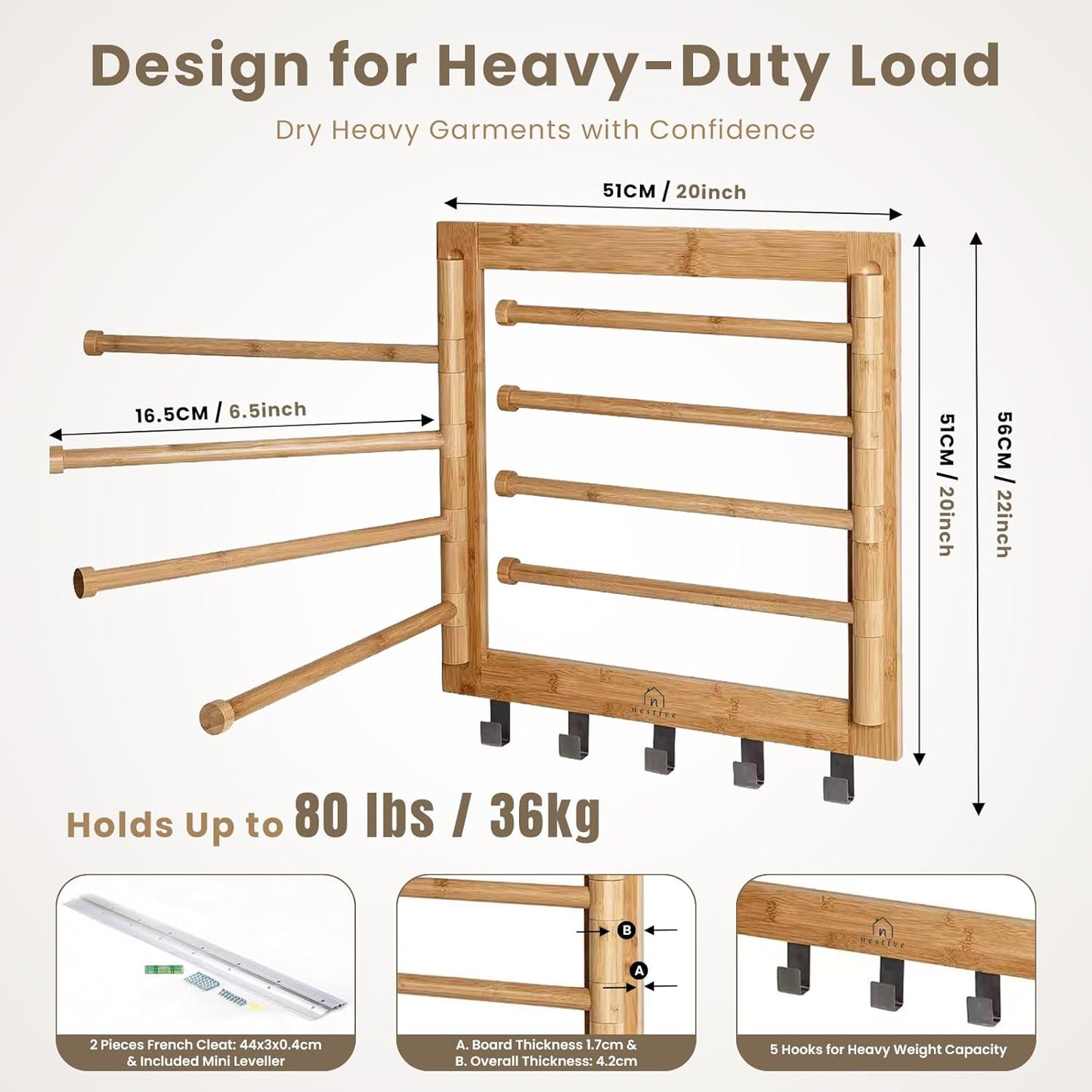 Bamboo Wall Mount Drying Rack for Laundry – Collapsible Foldable Clothes Dryer with 8 Arms & 5 Hooks, Space-Saving Laundry Hanger Dryer Rack, 20 Inch, 80 lb Capacity (Natural)