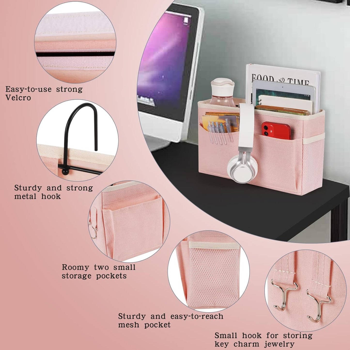 Bedside Caddy Bedside Storage Organizer Hanging Bunk Bed Dorm Room with Side Pockets for Water Bottles, Books, Cell Phones, Headphones (Pink)