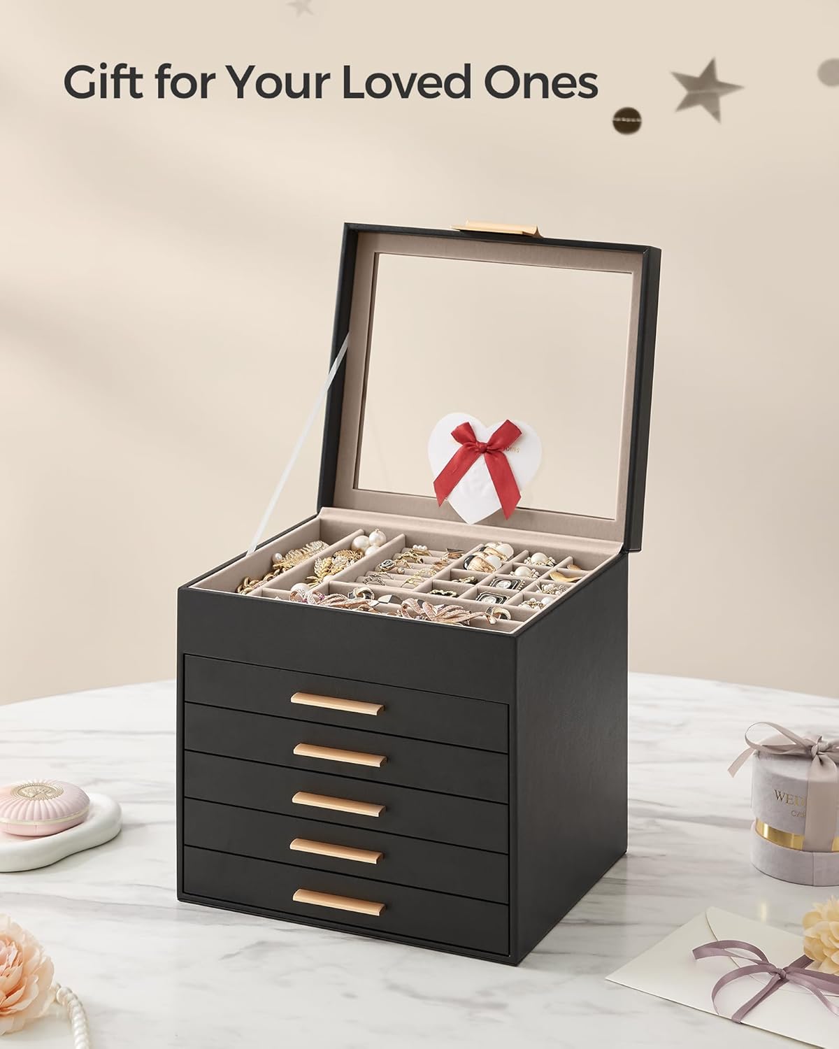SONGMICS Jewelry Box Organizer with Glass Lid, 6-Layer Jewelry Storage, with 5 Drawers, Modern Style, Christmas Gift, 8 x 9.1 x 9 Inches, Graphite Black and Gold Color UJBC176B01