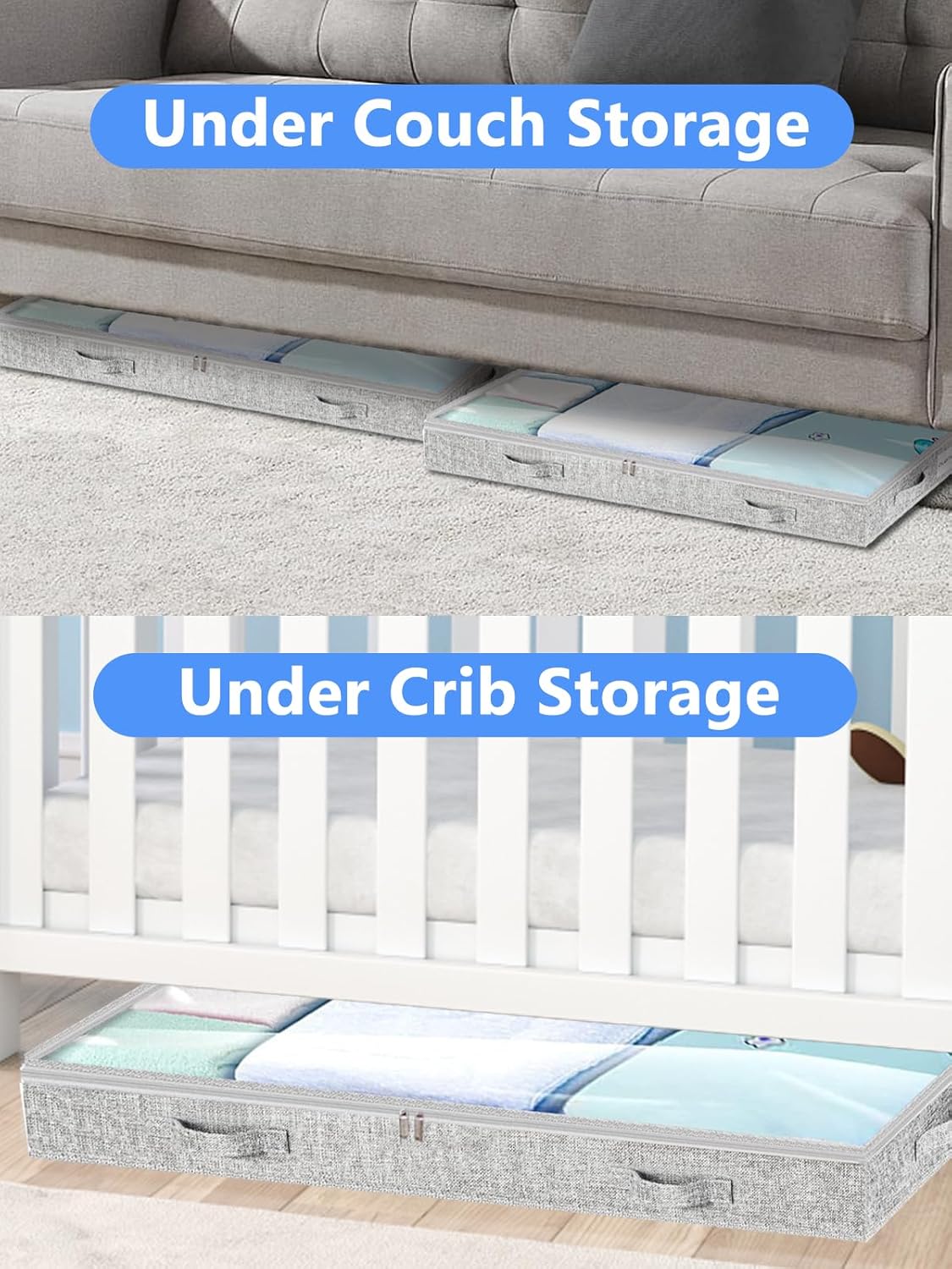 Low Profile Under Bed Storage, 3-Inch High Foldable Underbed Storage Bins with Lid & Zipper, No Structure, Super Slim Clothes Organizer for Crib Dorm Couch Low Bed, 4-Pack, Clear Top