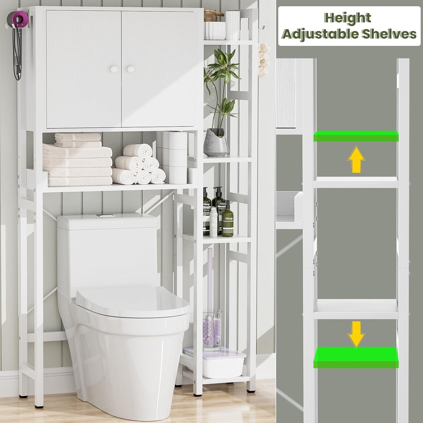 Over The Toilet Storage Cabinet with Doors - 7 Tier Bathroom Organizer with Adjustable Shelf, Freestanding Space Saver Rack Above Toilet Stand with 4 Hooks for Bathroom, Restroom, Laundry, White