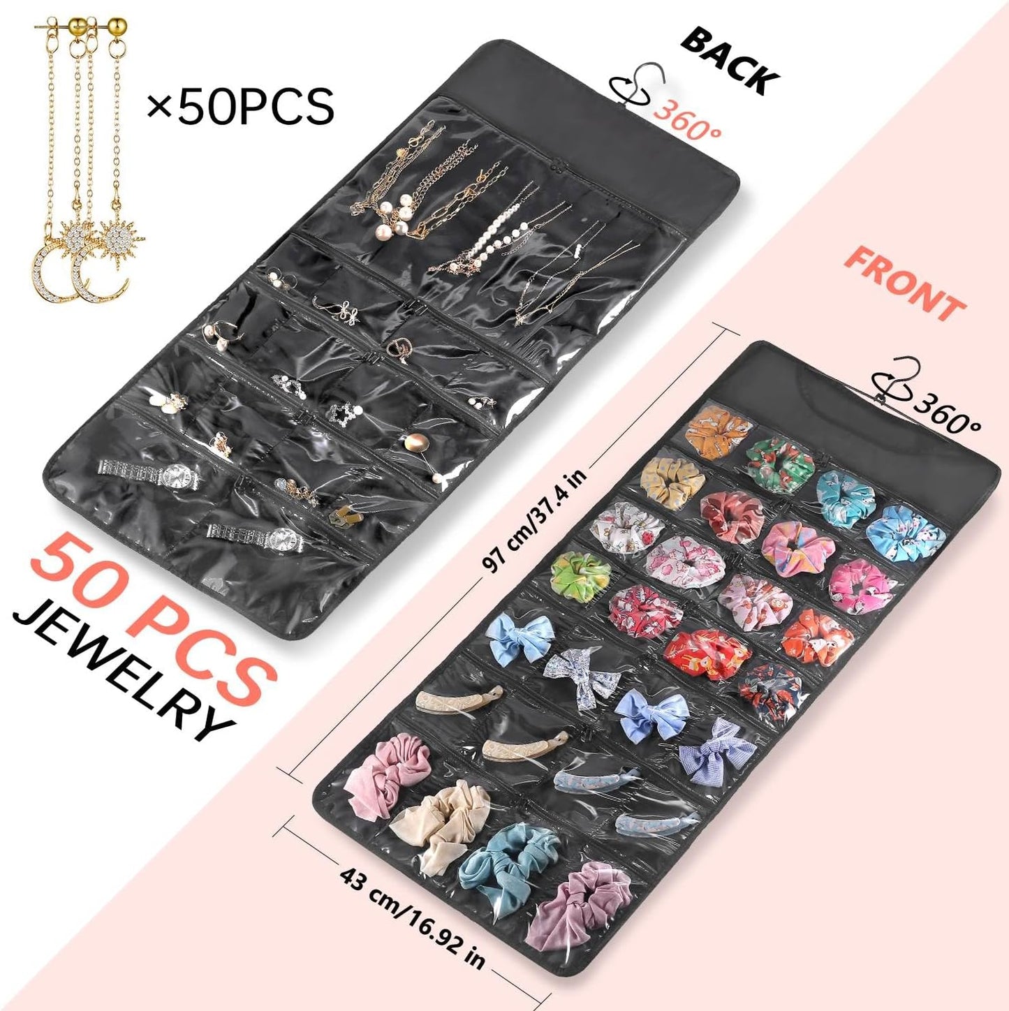 FOREGOER Hanging Jewelry Organizer Double Sided 43 Pockets Large Necklace Earring Accessory Holder Organizer(Black)