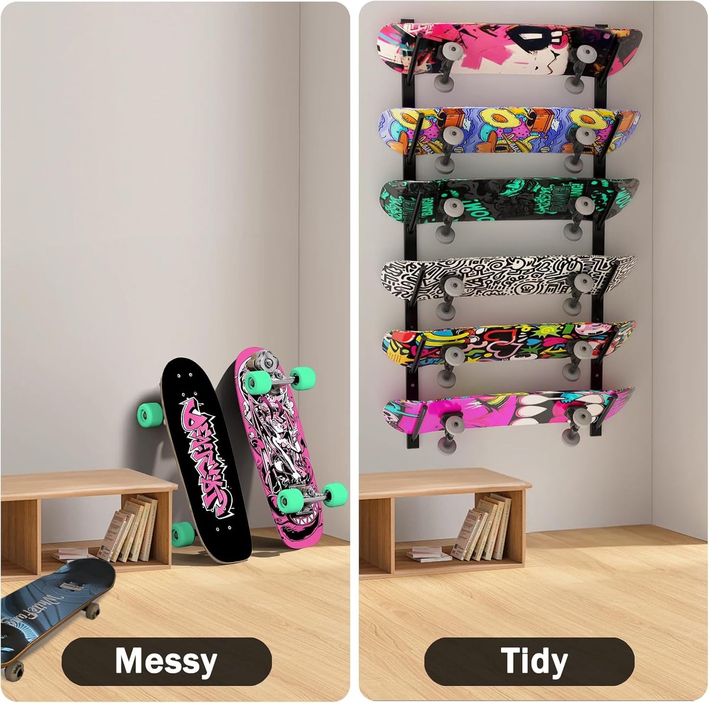 Skateboard Wall Mount, 6 Floors Skate Board Wall Display Hanger Rack, Ski Holder,Snowboard Wall Mount for Storage Longboard Deck Organize