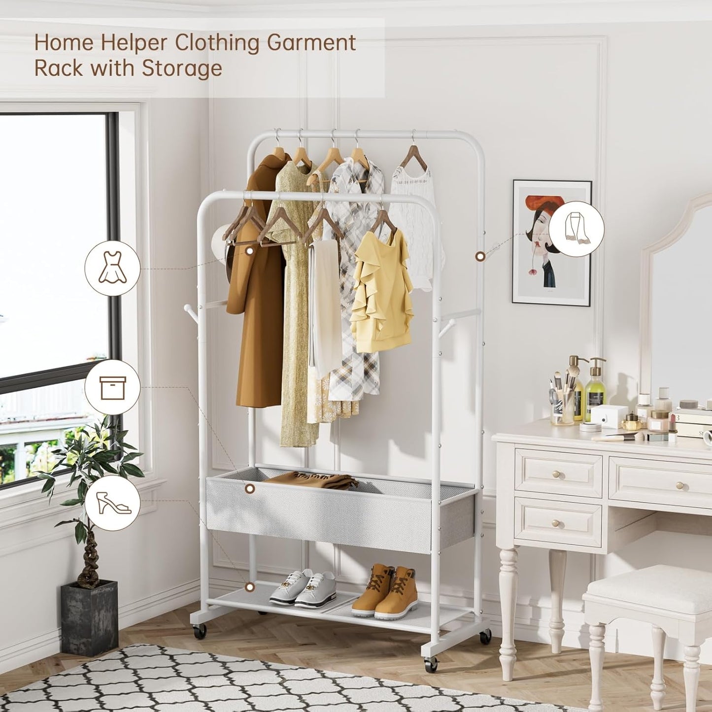 Clothes Garment Coat Rack Drying Clothing Racks Metal Freestanding for Hanging Clothes Portable Closet for Laundry Bedroom White