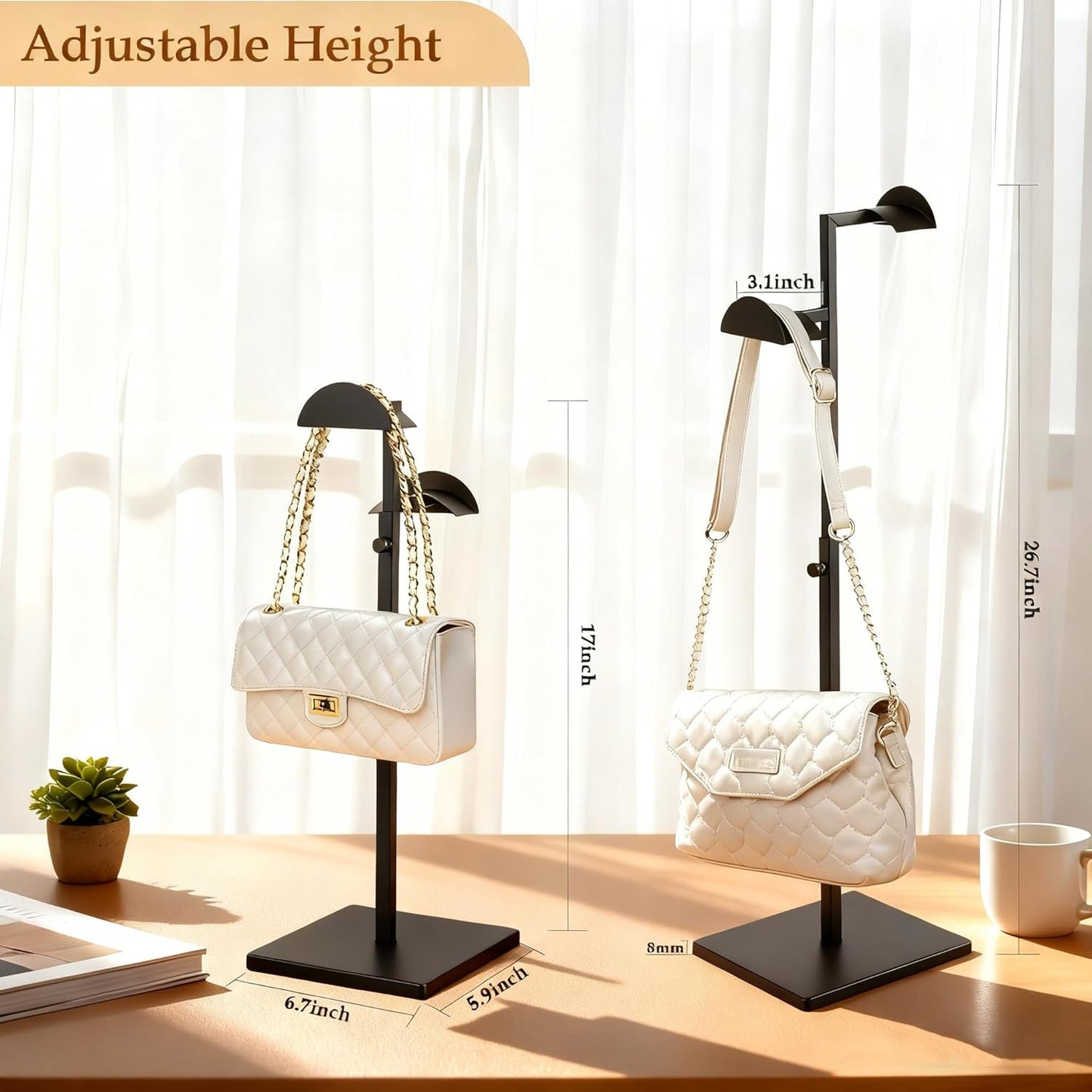 2 Pack Purse Stands for Display, Dual Hook Purse Holder, Stainless Steel, Adjustable Height Purse Rack Stand Bag Hanger for Closet, Handbag Display Stand for Vendors Table Boutiques (Black)