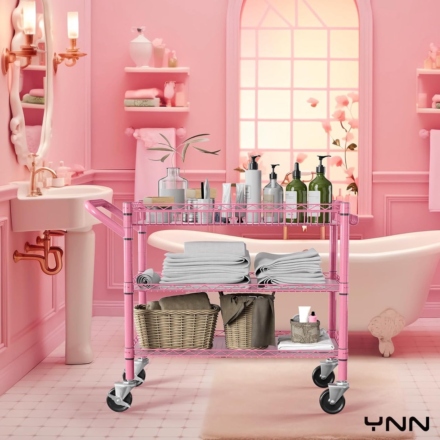 YNN Pink Rolling Cart, 990Lbs 3 Tier Heavy Duty Metal Cart with Wheels & Handle NSF Wheeled Cart 31" D x 18" W x 33" H for Bedroom, Bathroom, Kitchen,Garden,Decor,Serving
