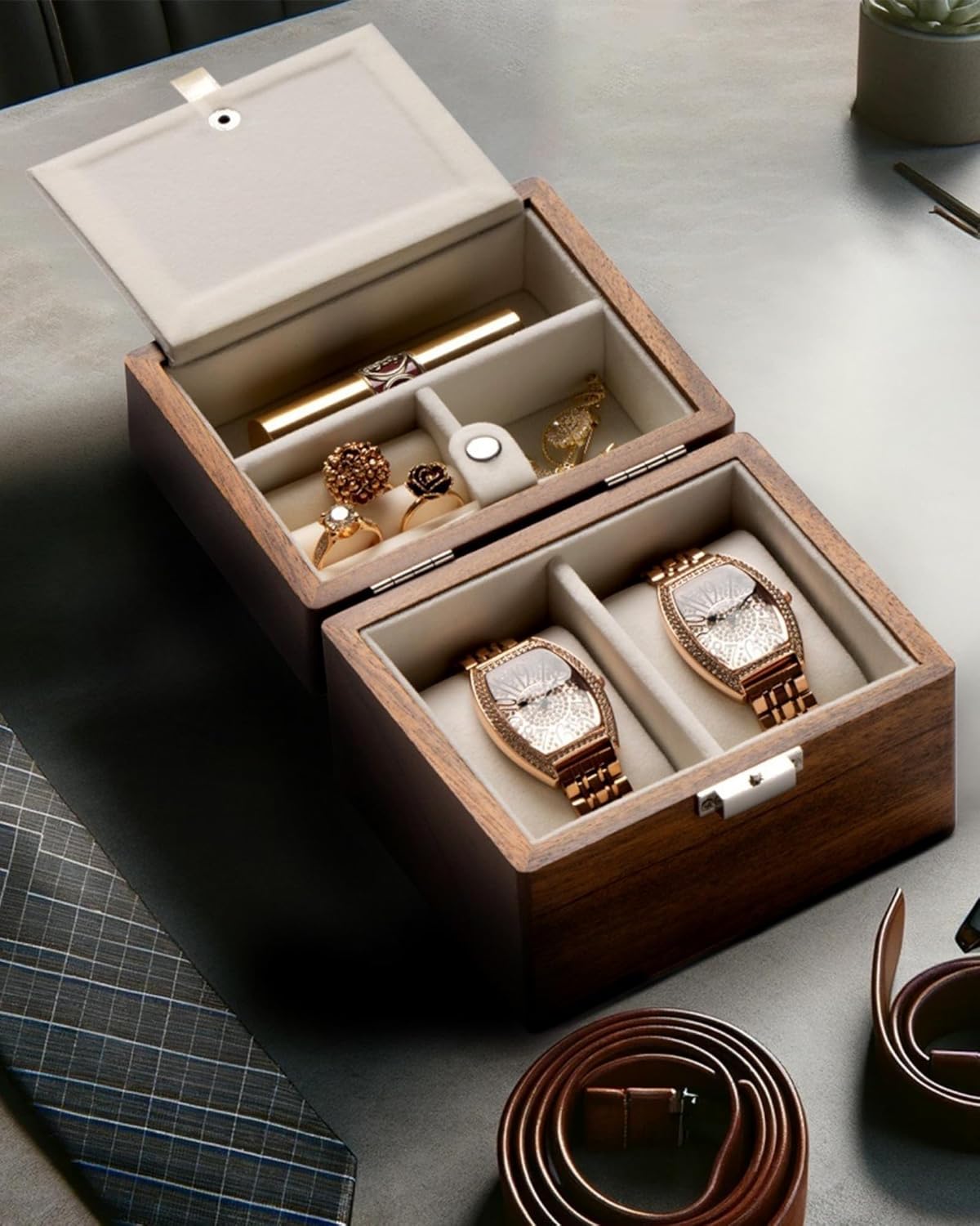 Watch Box, Watch Travel Case for Men, Wood Watch and Jewelry Holder Organizer for Woman, Portable Protection 2-Slot Watch Display Storage Case, Natural Walnut