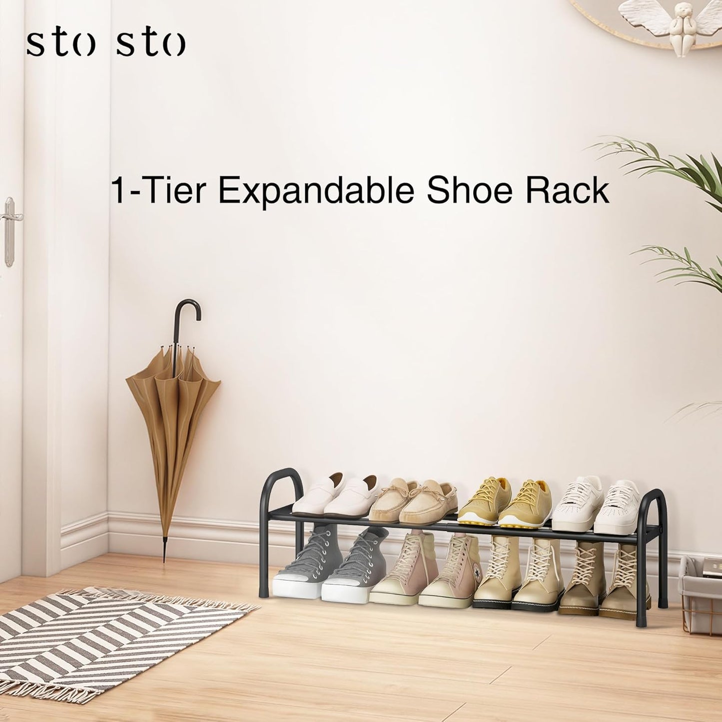 STO STO Expandable Shoe Organizer, 1-Tier Metal Shoe Rack for Closet, Up to 8 Pairs Adjustable Storage for Front Door Entrance, Free Standing Organizer for Entryway, Black