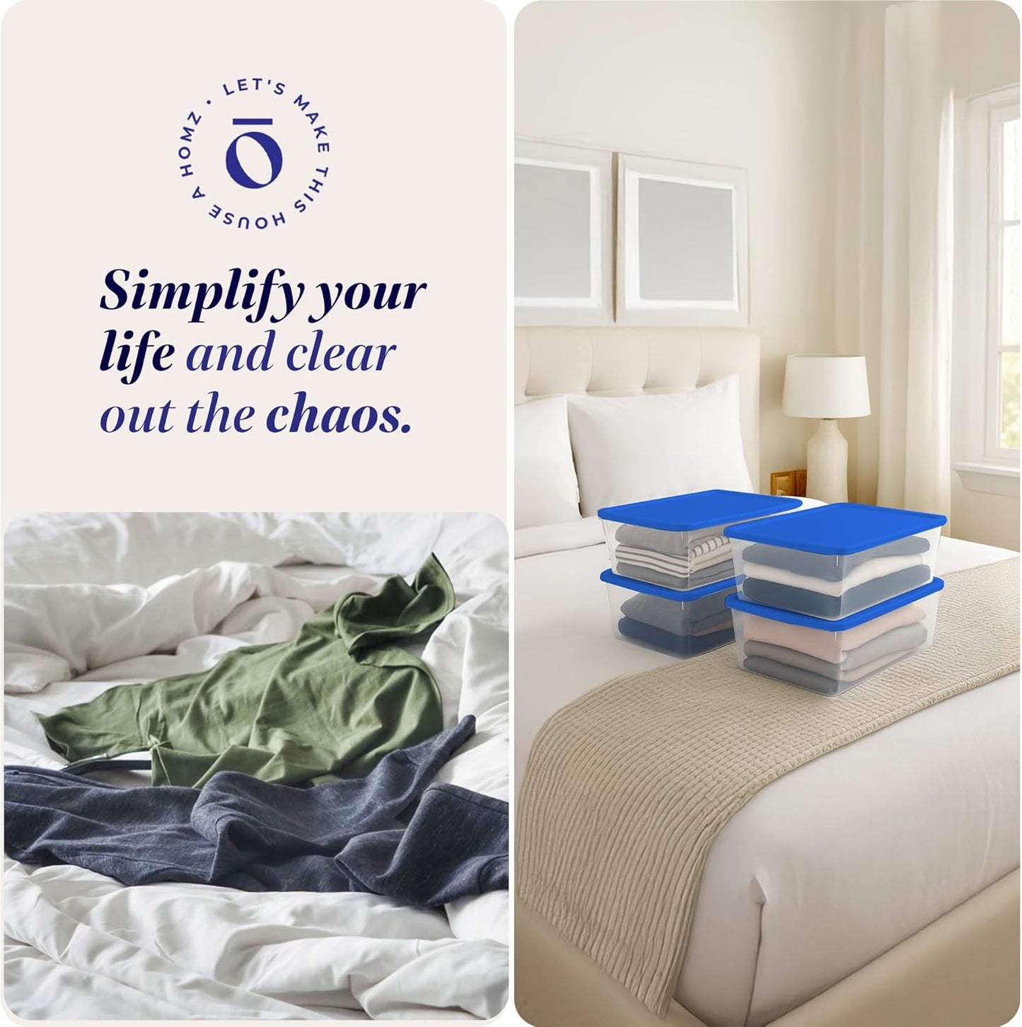 HOMZ 4-Pack Snaplock, Small Clear Plastic Storage Organizer Bins w/Lids, 12 Quart, Blue - Stackable Container Boxes for Bedroom, Bathroom, Garage, and Office Organization