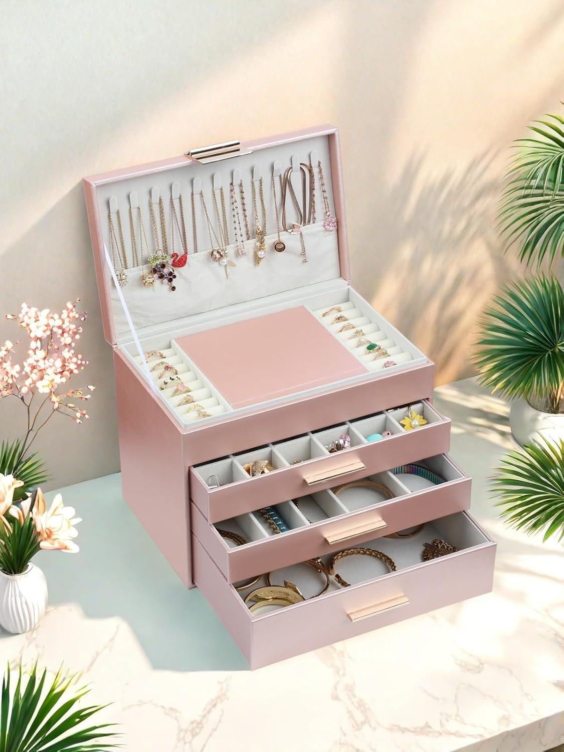 BOOVO Jewelry Boxes for Women, 5 Layer Jewelry Organizer with Necklace Hanger and Drawers, Large Jewelry Box for Earrings, Necklace and Bracelet Storage Gifts for Women and Girls (Rose Gold, 5 Layer)