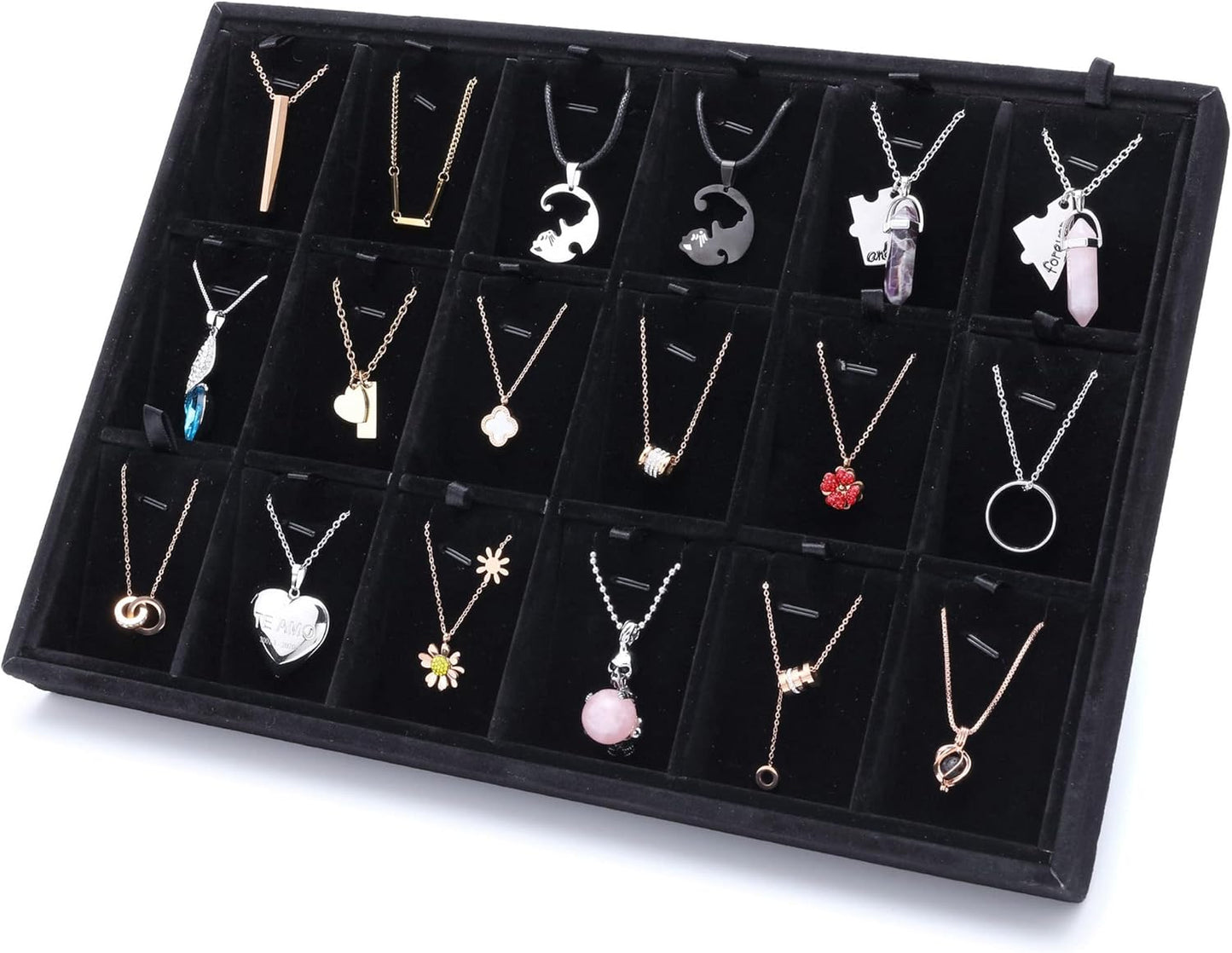 Mornajina 24 Grids Stackable Jewelry Tray Organizer with Removable Dividers, Velvet Jewelry Display Tray for Earrings Necklaces Bracelet Rings Display Showcase - Black