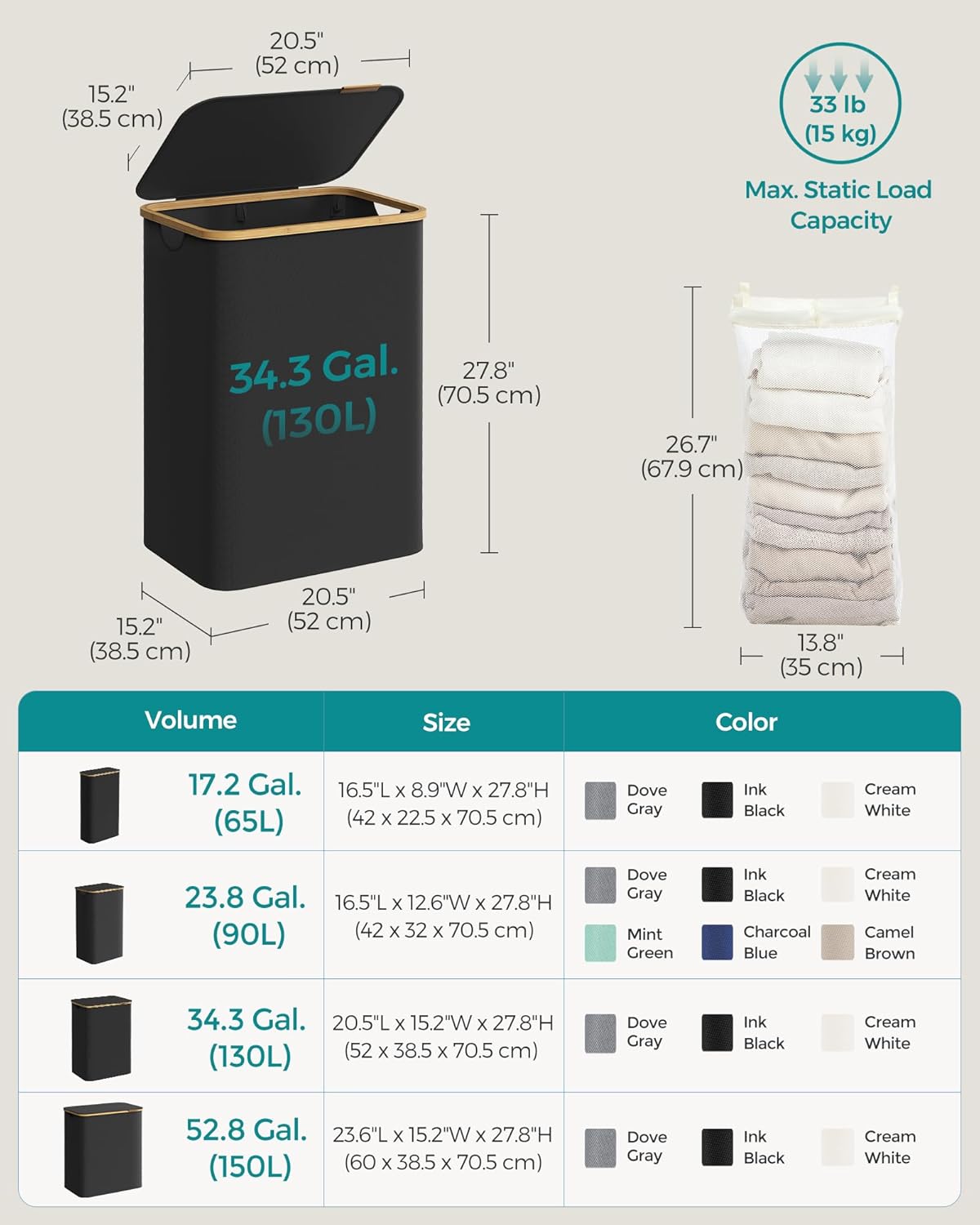 SONGMICS Laundry Hamper with Lid, 2-Section Large Laundry Basket, 34.3-gallon (130L), Removable Mesh Liner, Bamboo Handles, Collapsible, 20.5 x 15.2 x 27.8 Inches, Ink Black ULCB513B01