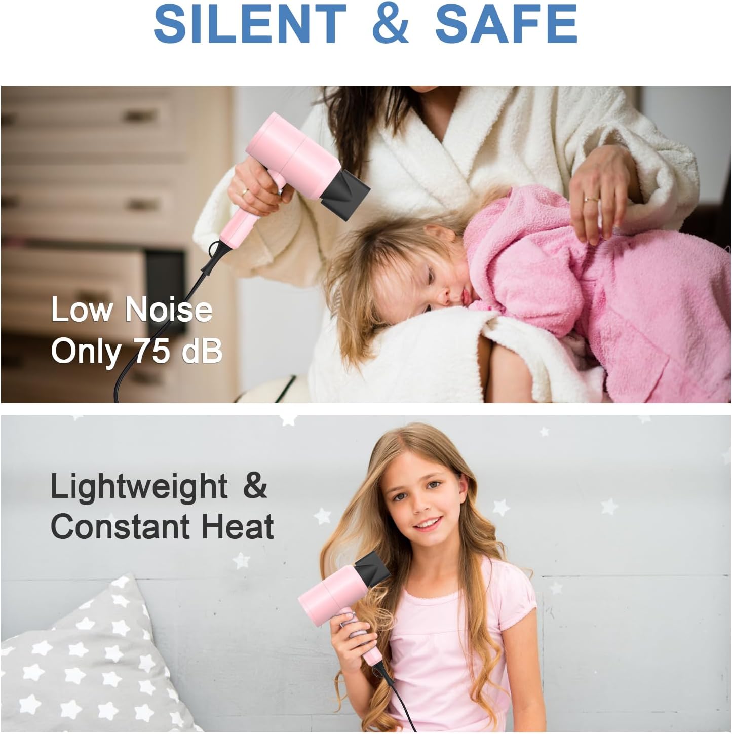 slopehill Professional Ionic Hair Dryer, Powerful 1800W Fast Drying Low Noise Blow Dryer with 2 Concentrator Nozzle 1 Diffuser Attachments for Home Salon Travel (Pink)