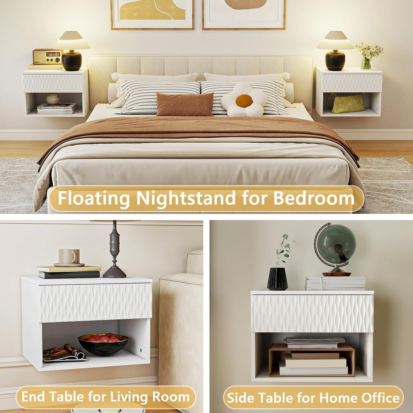 Vibe & Dine Floating Nightstand Set of 2, Wall Mounted Night Stand with Wavy Pattern Design, Modern Bedside Tables with Drawers for Bedroom, Easy Assembly, White