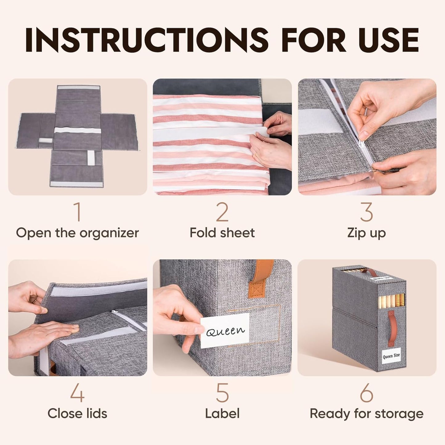 4 Pack Bed Sheet Organizers and Storage(King &Queen Size) with an Elastic Strap, Foldable Closet Linen Sheet Storage Container, Sheet Set Box for Blankets, Duvet Covers and Pillowcase, Grey