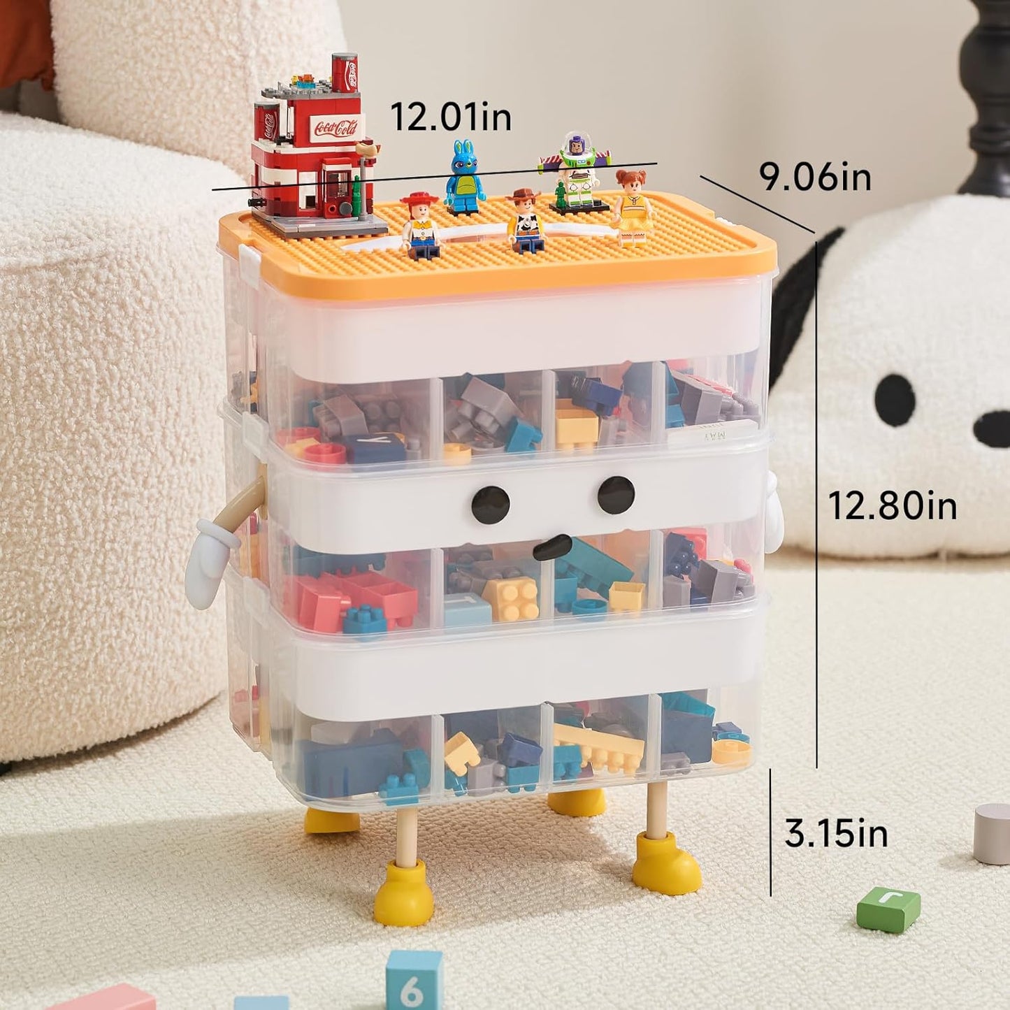 Organizers Storage Box for lego: Plastic Stackable Storage Case with Building Blocks Lids, Containers with Carrying Handle and Adjustable Grid Organizers, 3 Layer Orange