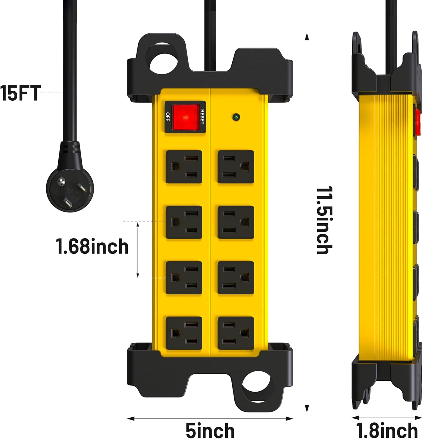8 Outlet Heavy Duty Power Strip, 2700J Surge Protector with 15FT Extension Cord, Industrial Metal Powerstrip 15Amp, Wall Mount for Garage Workshop Outdoor Home Office, Wide Spaced (15ft)